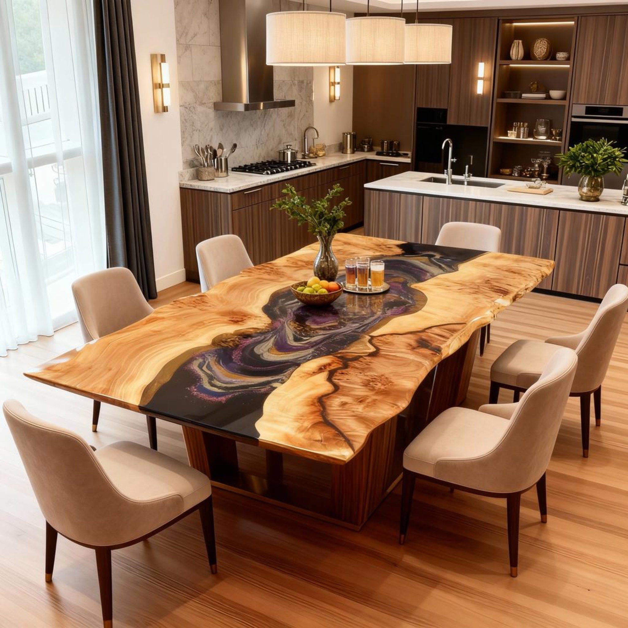 Table rivière sur mesure en bois de peuplier et résine époxy, Black Pearl QNT-482