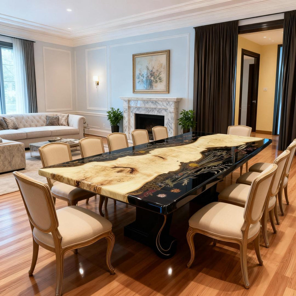 Table rivière sur mesure en bois de peuplier et résine époxy, résine perle noire VQD-582