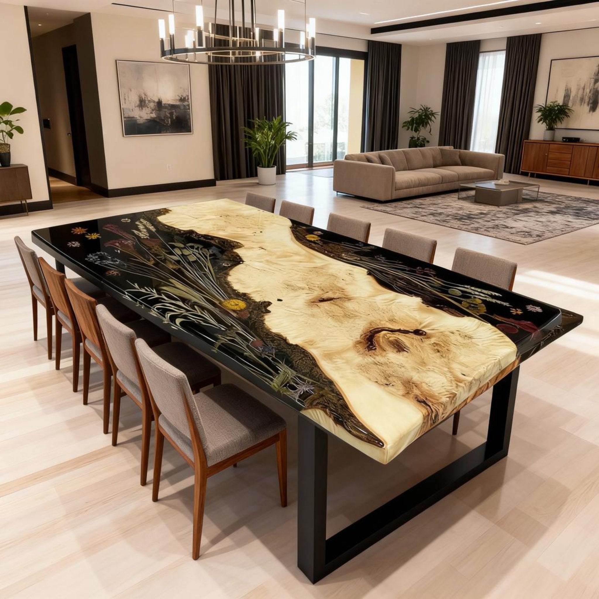 Table rivière sur mesure en bois de peuplier et résine époxy, résine perle noire VQD-582