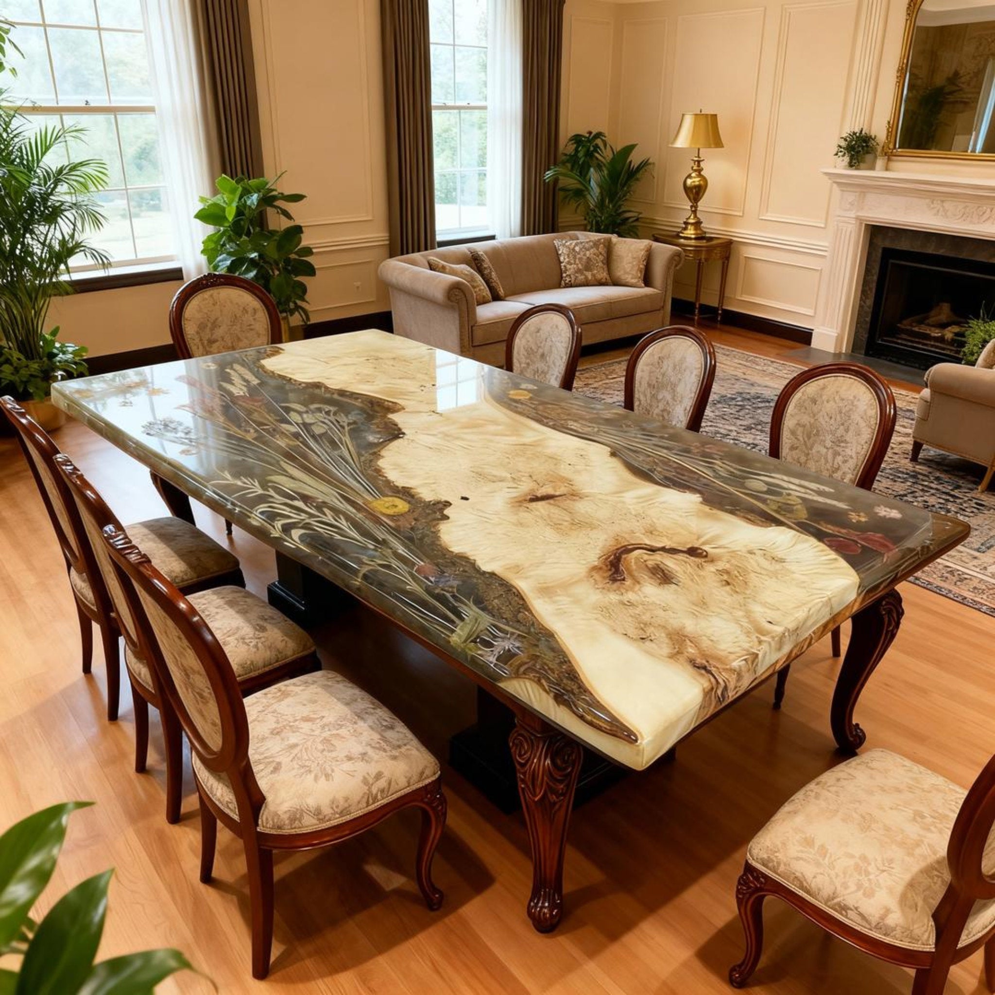 Table rivière sur mesure en bois de peuplier et résine époxy, résine perle noire VQD-582