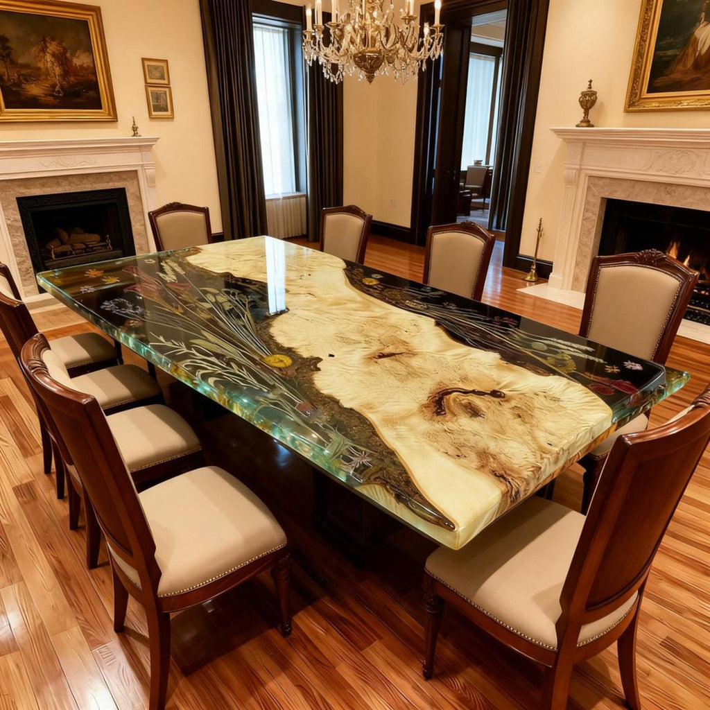 Table rivière sur mesure en bois de peuplier et résine époxy, résine perle noire VQD-582