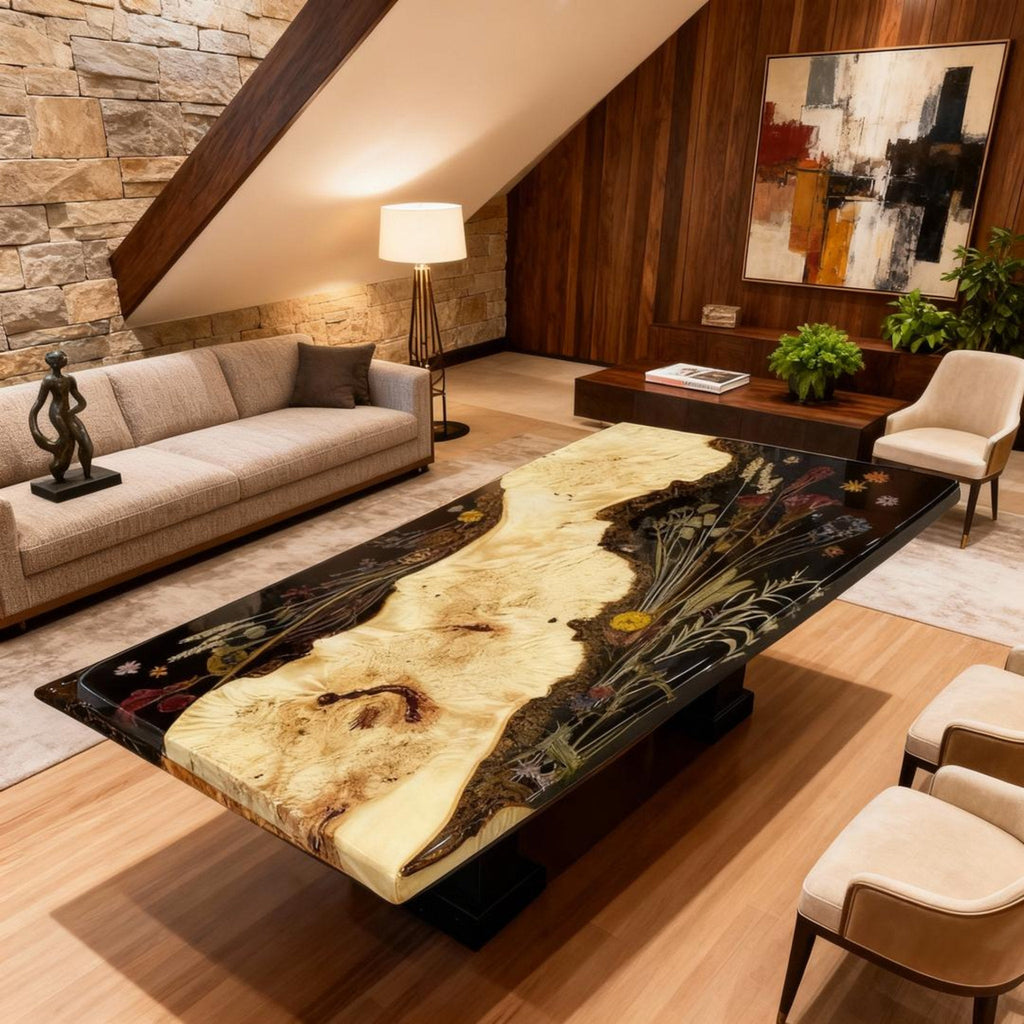 Table rivière sur mesure en bois de peuplier et résine époxy, résine perle noire VQD-582