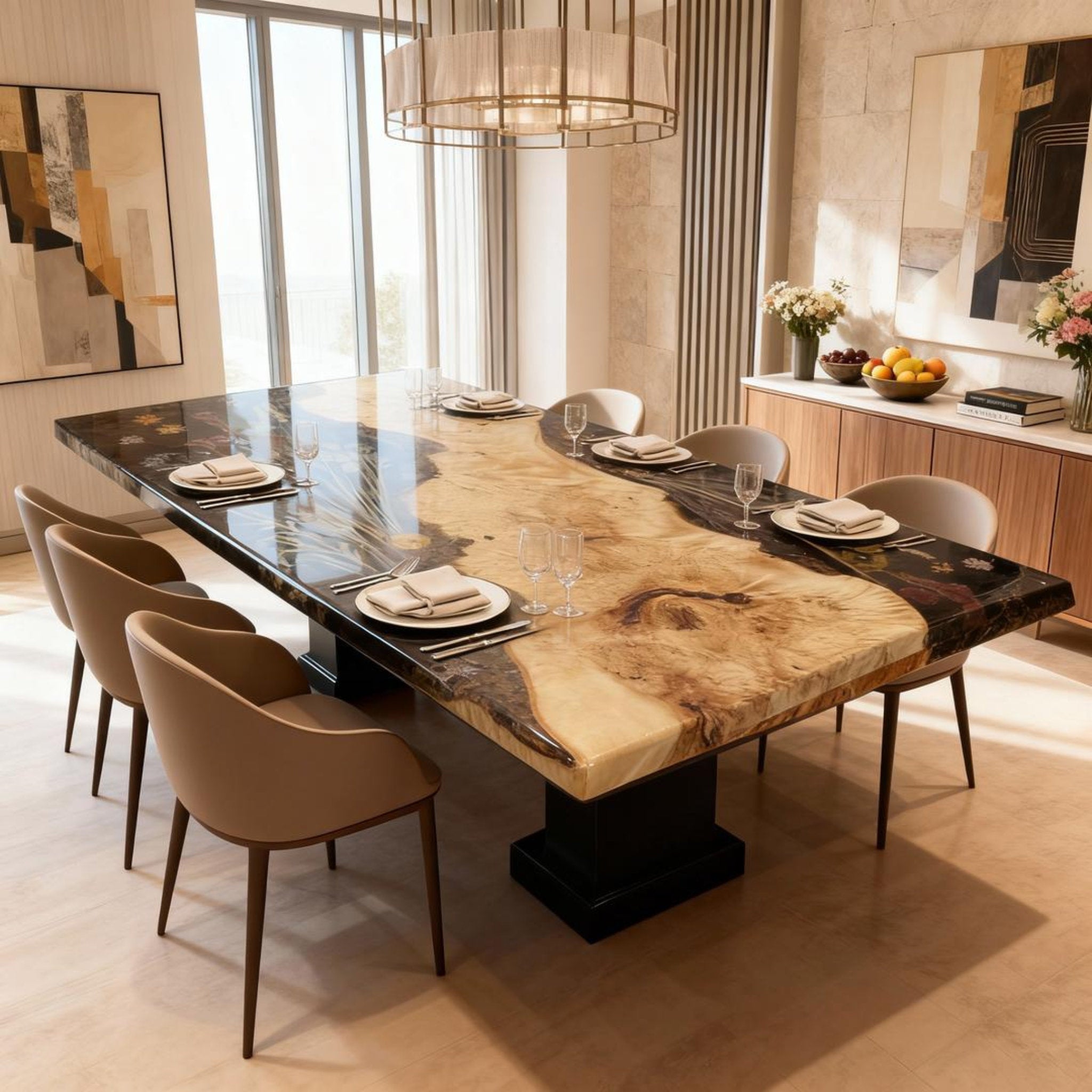 Table rivière sur mesure en bois de peuplier et résine époxy, résine perle noire VQD-582