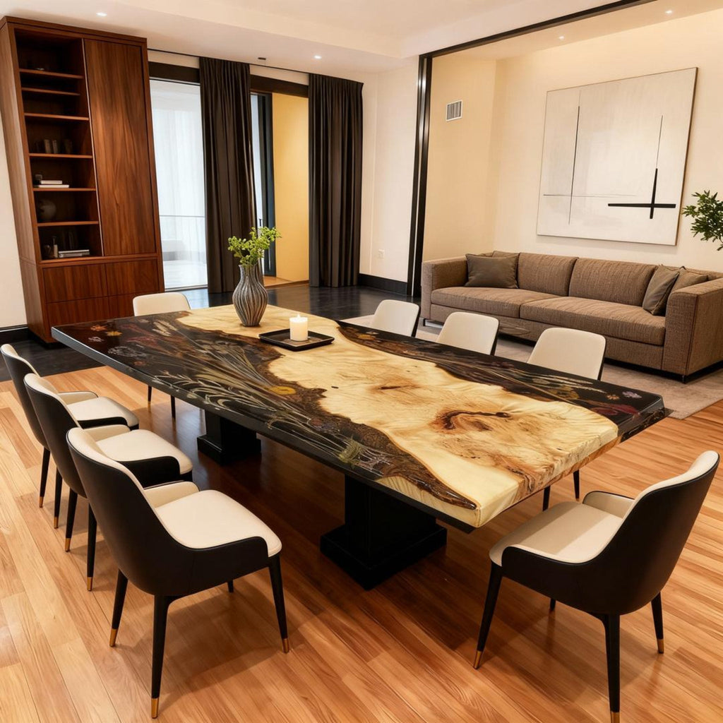 Table rivière sur mesure en bois de peuplier et résine époxy, résine perle noire VQD-582