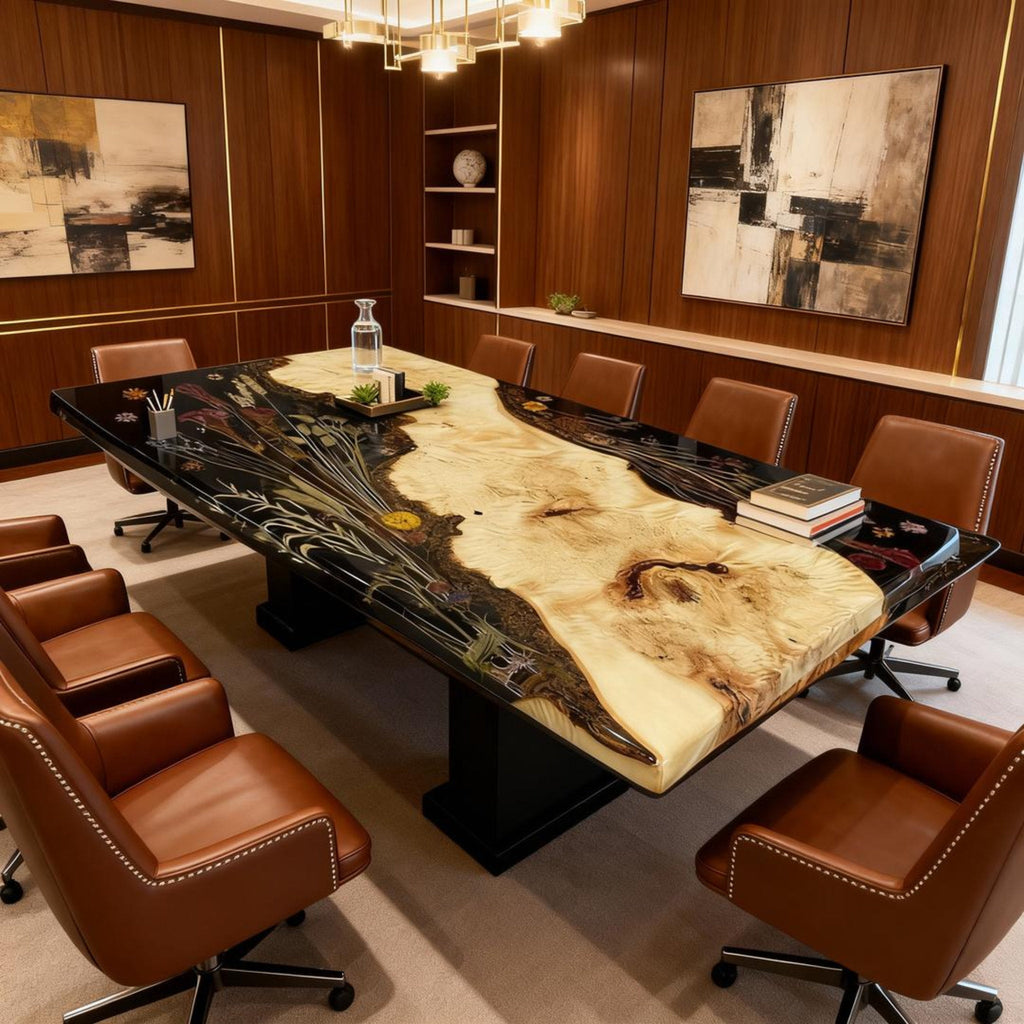 Table rivière sur mesure en bois de peuplier et résine époxy, résine perle noire VQD-582