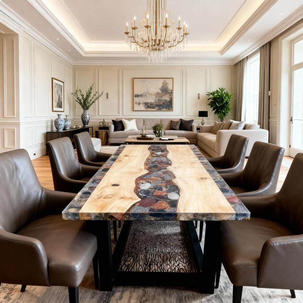 Table rivière sur mesure en bois de peuplier et résine époxy, Black Pearl ZMQ-673