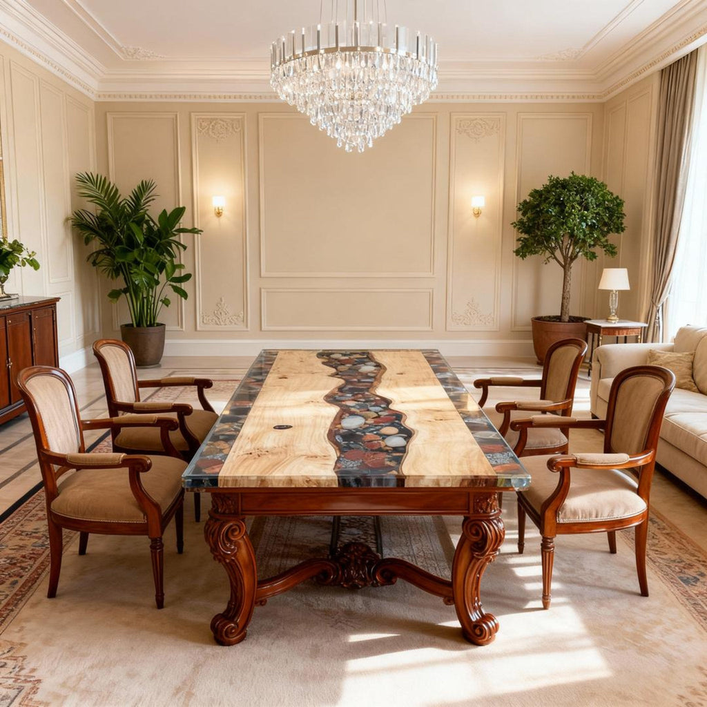 Table rivière sur mesure en bois de peuplier et résine époxy, Black Pearl ZMQ-673