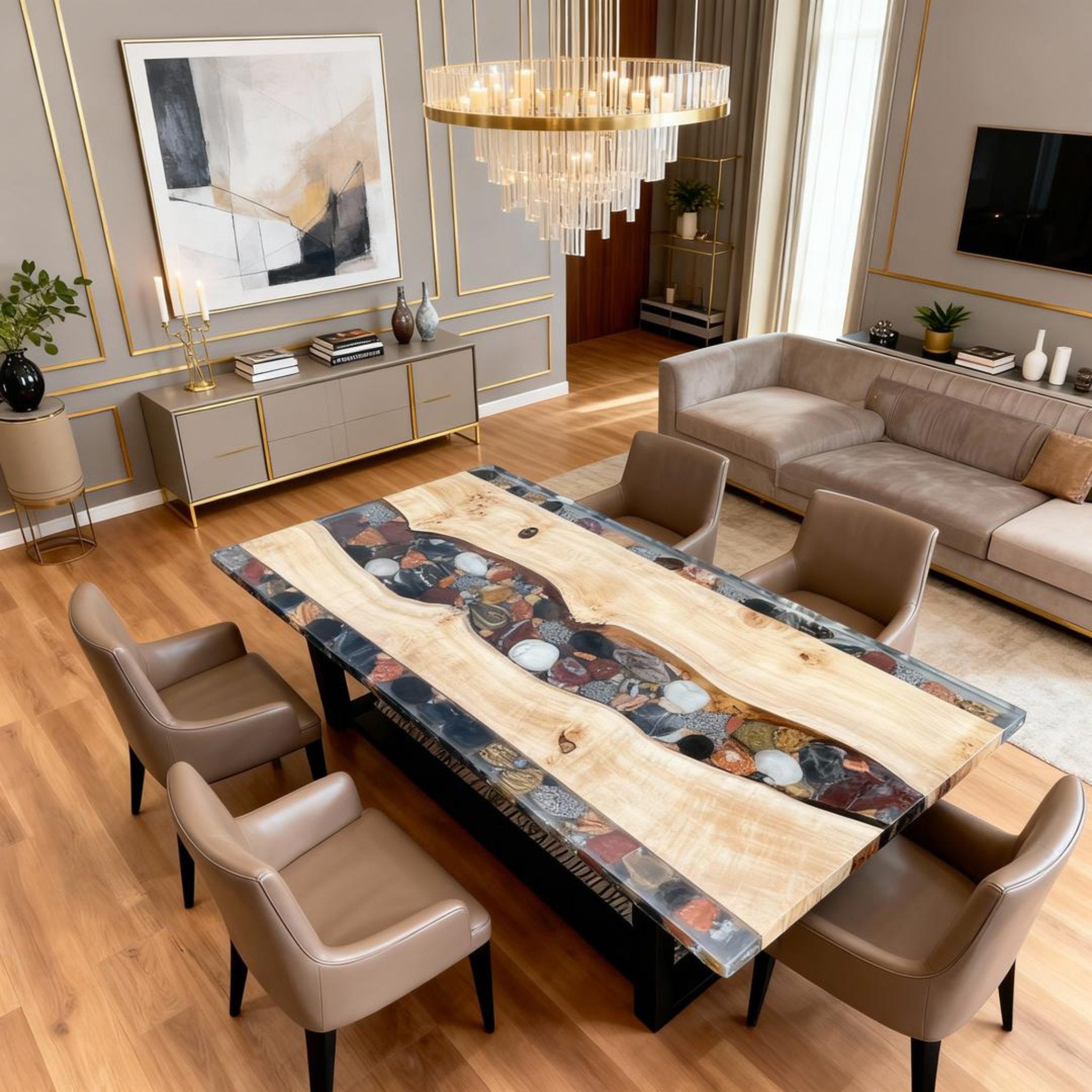 Table rivière sur mesure en bois de peuplier et résine époxy, Black Pearl ZMQ-673