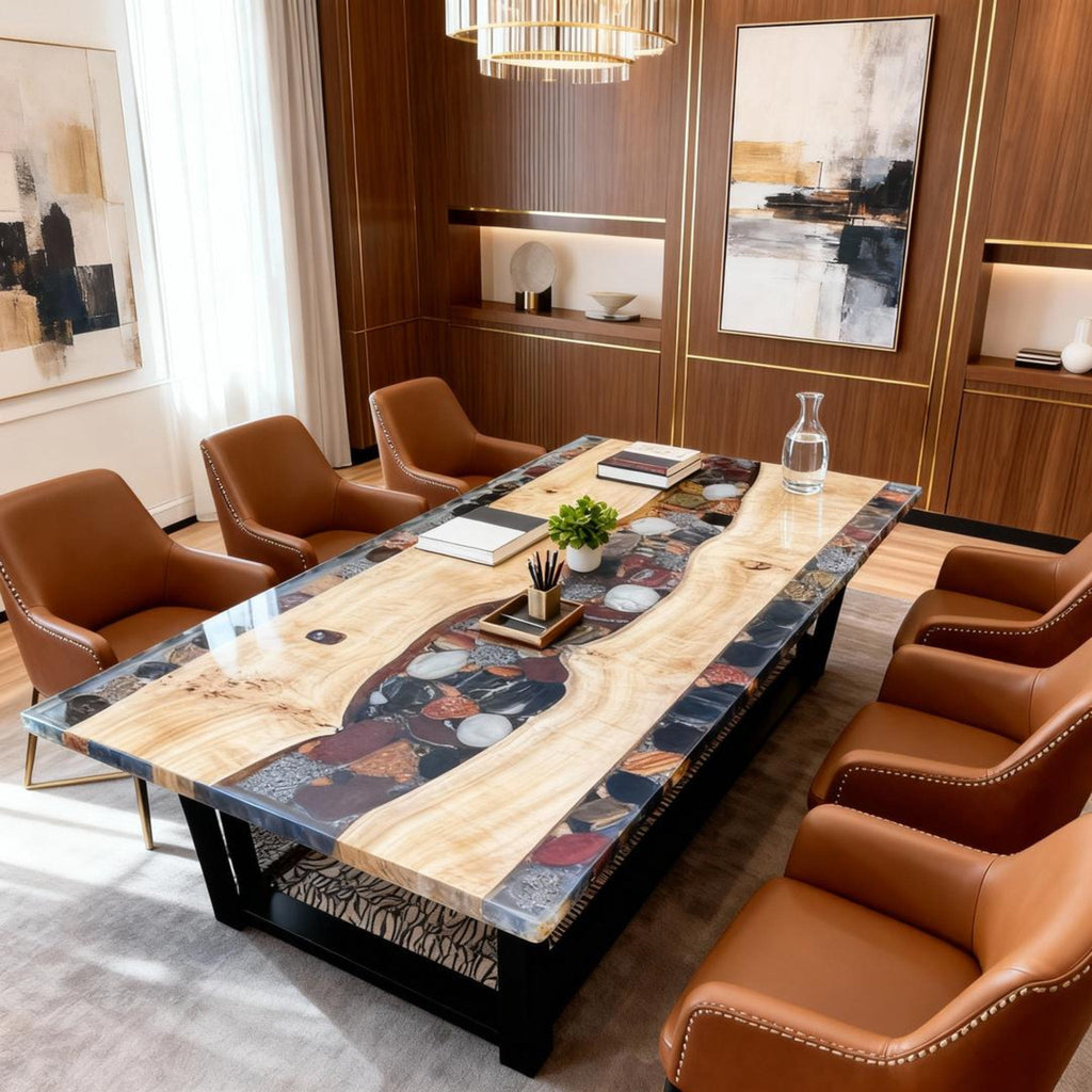 Table rivière sur mesure en bois de peuplier et résine époxy, Black Pearl ZMQ-673