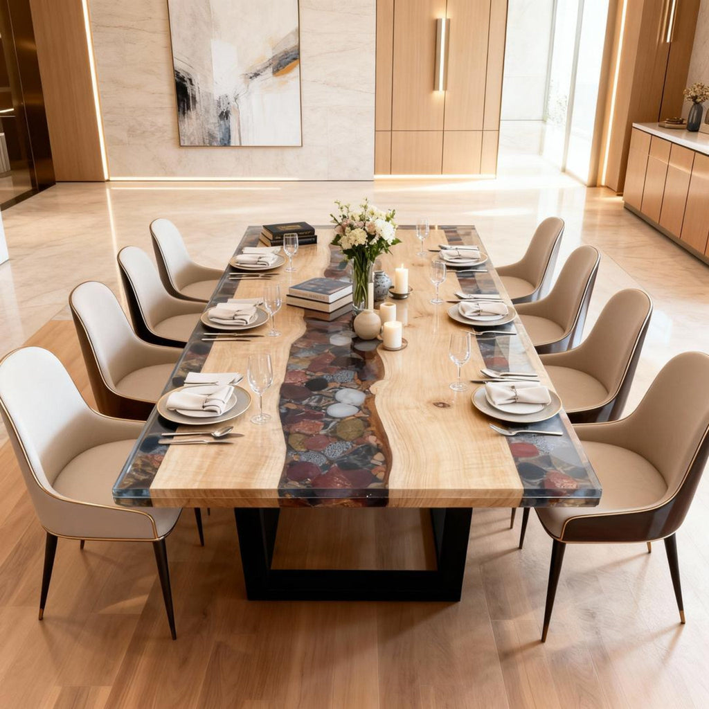 Table rivière sur mesure en bois de peuplier et résine époxy, Black Pearl ZMQ-673