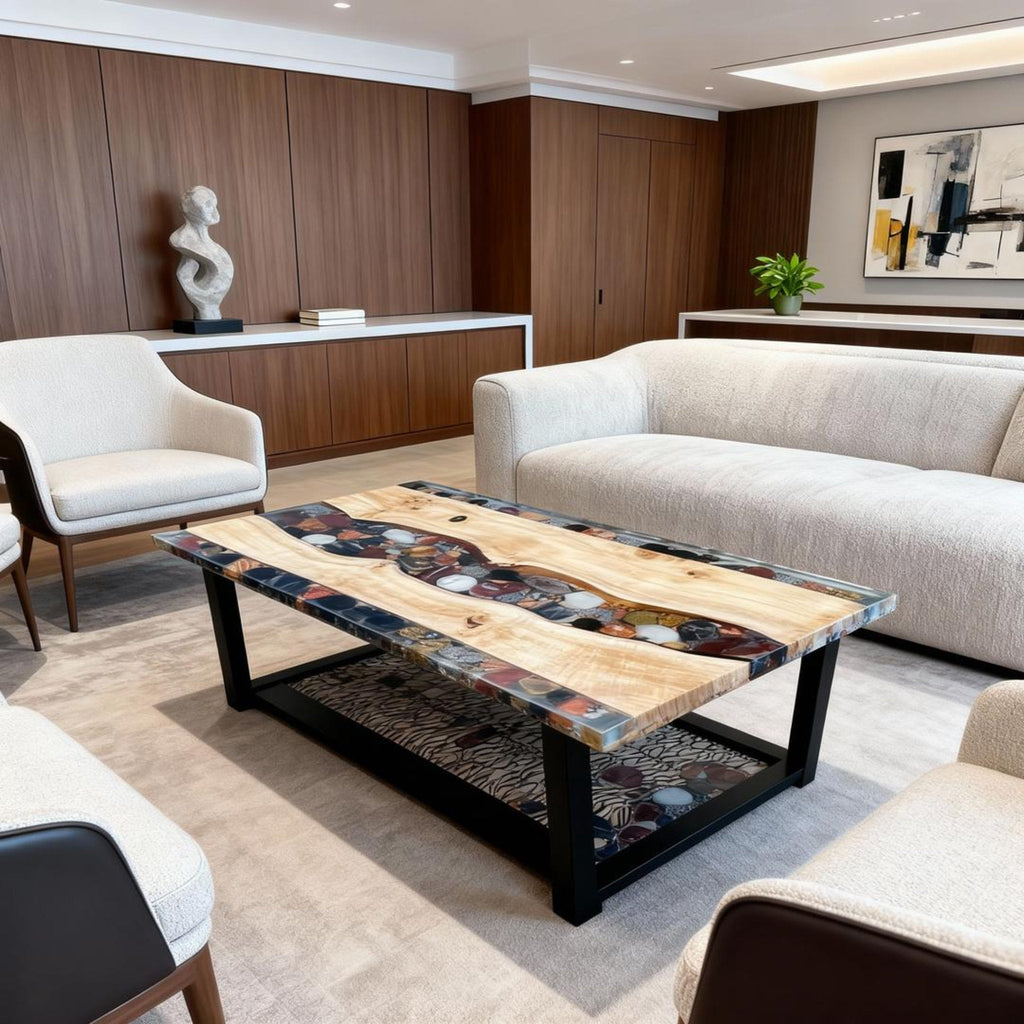 Table rivière sur mesure en bois de peuplier et résine époxy, Black Pearl ZMQ-673