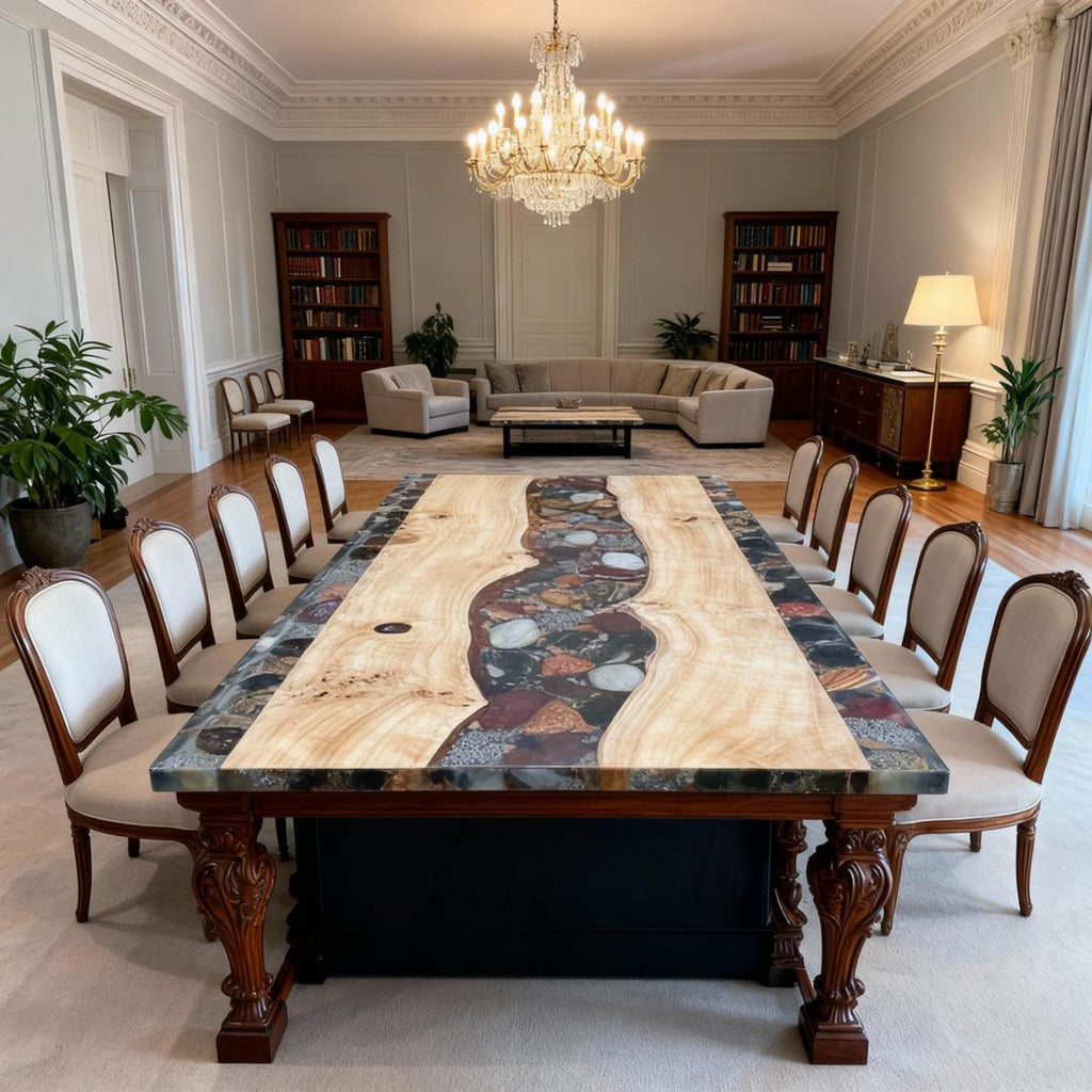 Table rivière sur mesure en bois de peuplier et résine époxy, Black Pearl ZMQ-673