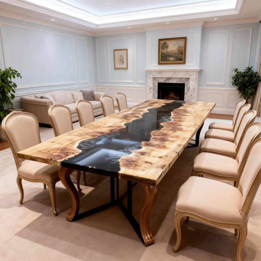 Table rivière sur mesure en bois de peuplier et résine époxy, coloris Perle Noire ZRN-673