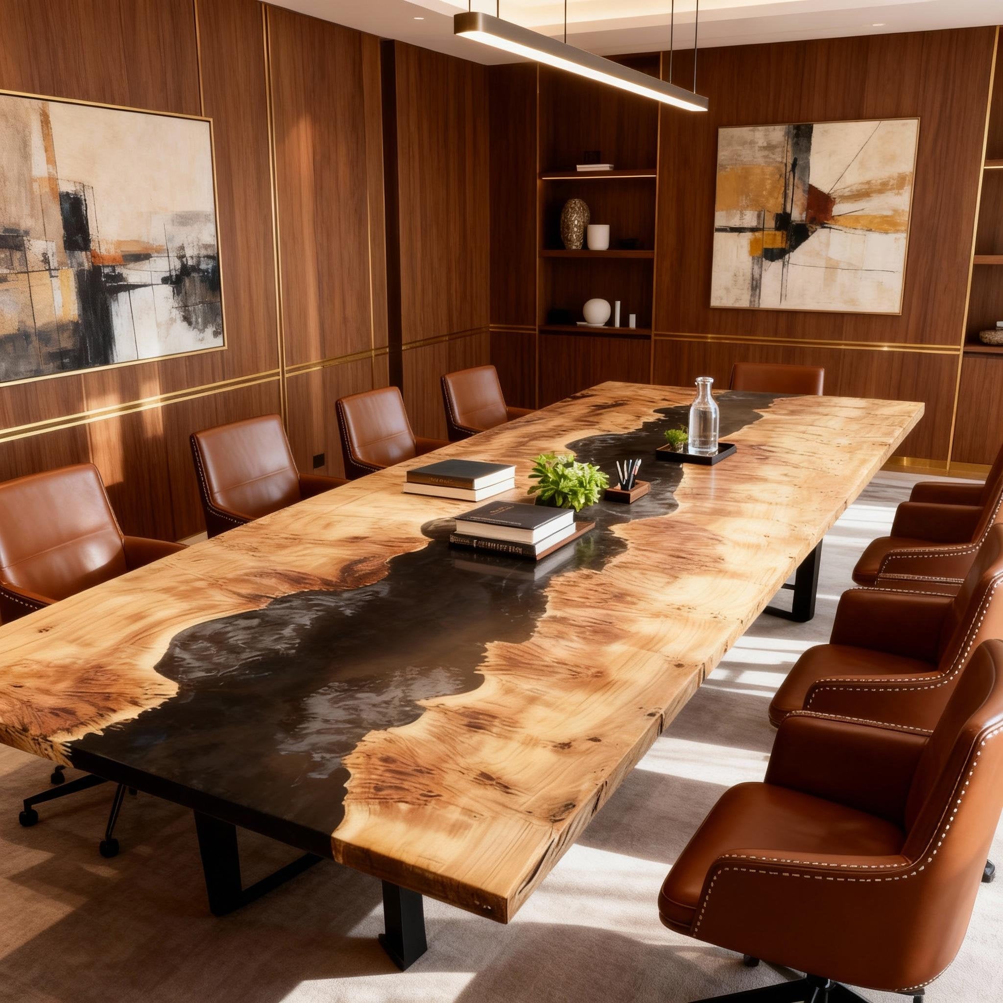 Table rivière sur mesure en bois de peuplier et résine époxy, coloris Perle Noire ZRN-673