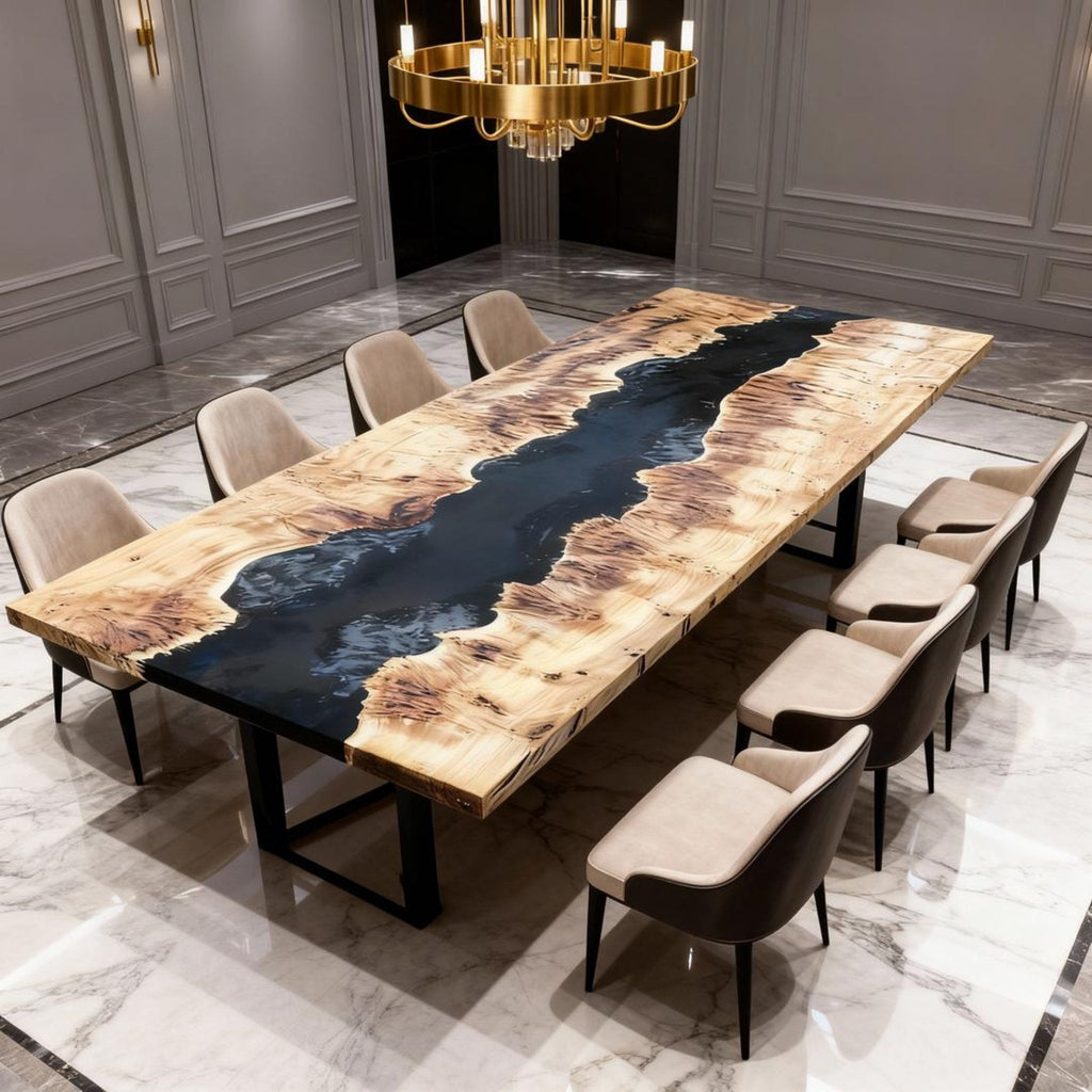 Table rivière sur mesure en bois de peuplier et résine époxy, coloris Perle Noire ZRN-673