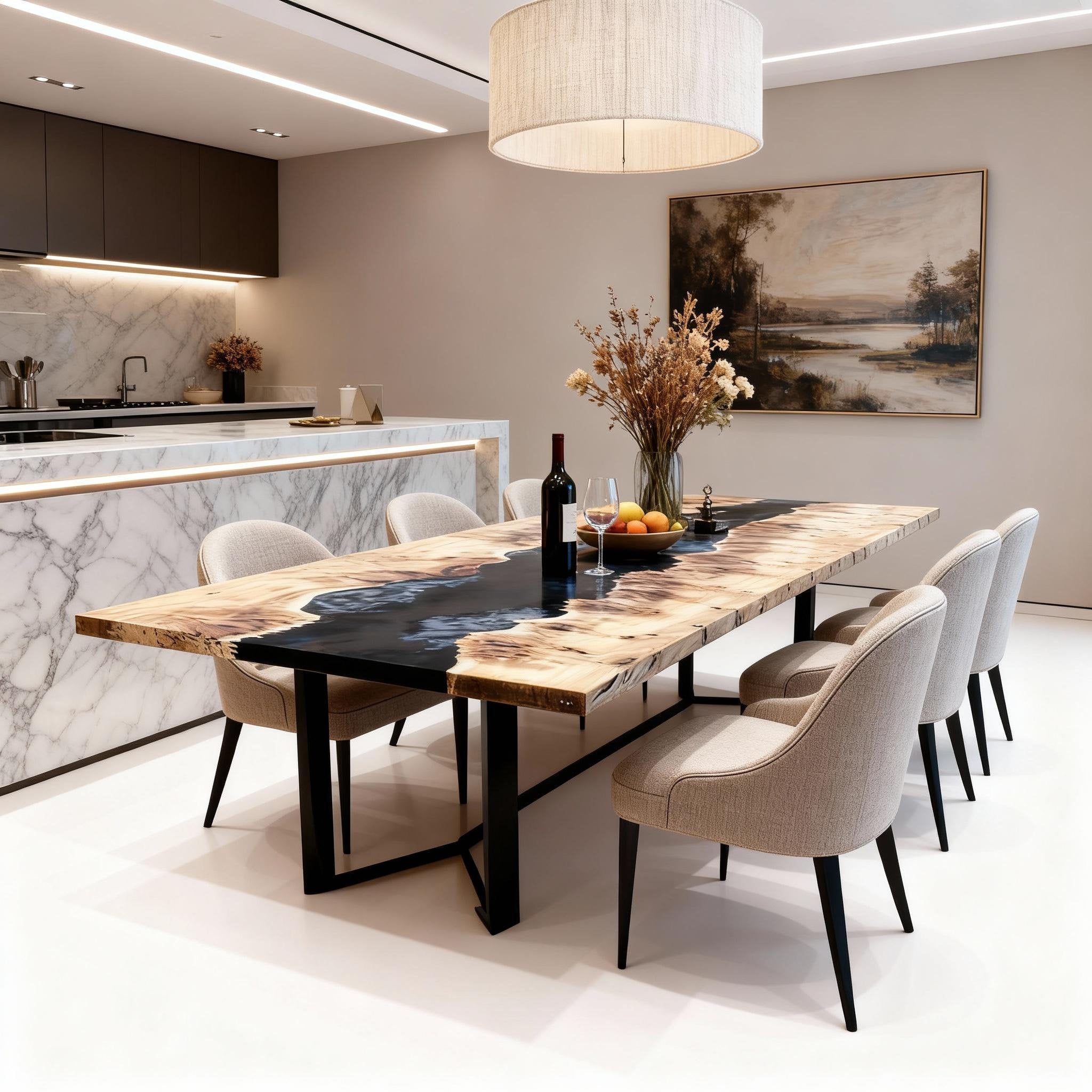 Table rivière sur mesure en bois de peuplier et résine époxy, coloris Perle Noire ZRN-673