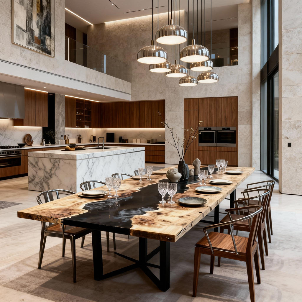 Table rivière sur mesure en bois de peuplier et résine époxy, coloris Perle Noire ZRN-673