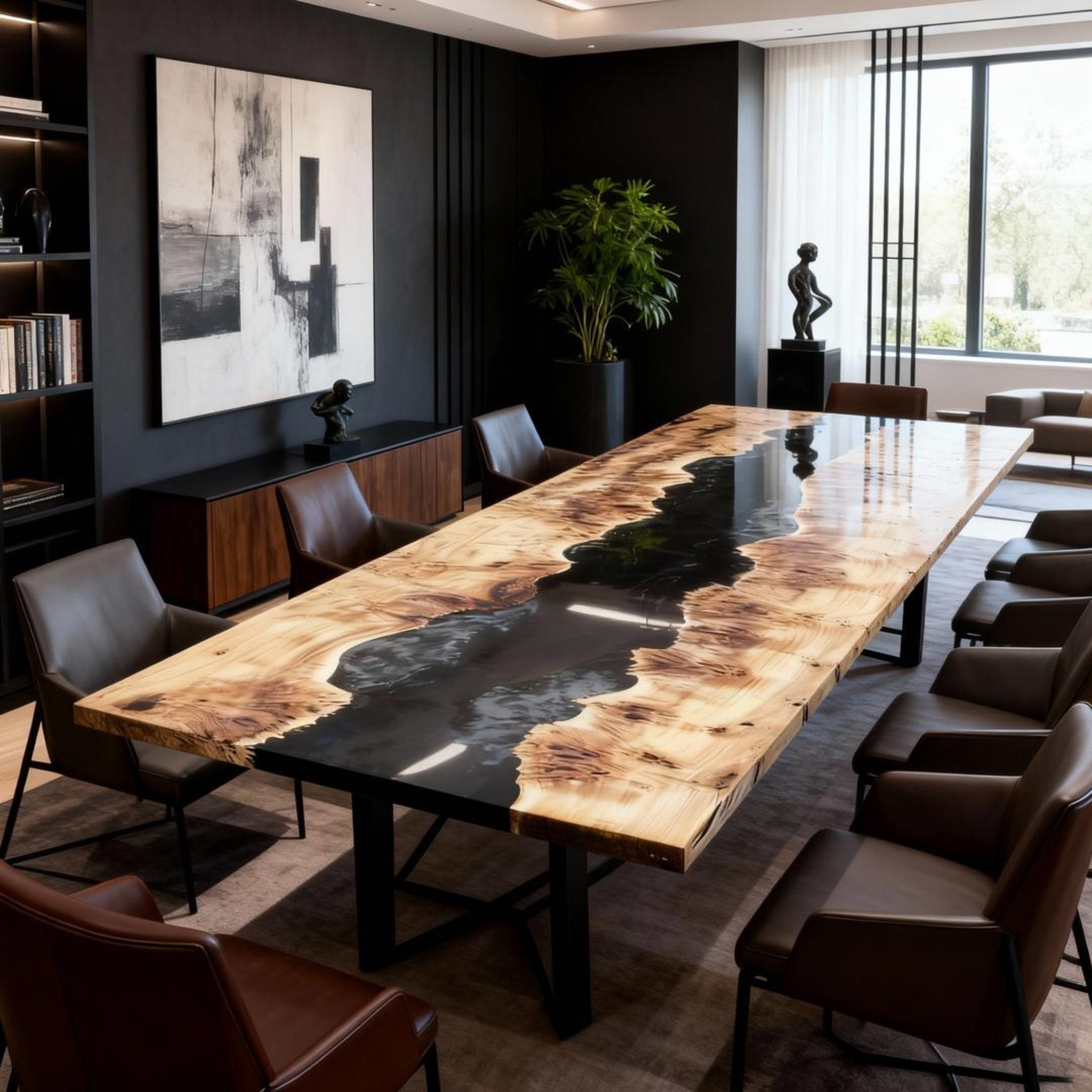 Table rivière sur mesure en bois de peuplier et résine époxy, coloris Perle Noire ZRN-673