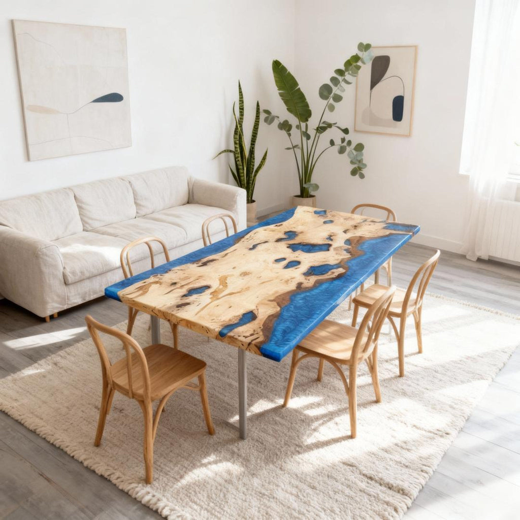 Table rivière sur mesure en bois de peuplier et résine époxy, résine bleu cobalt NQF-742
