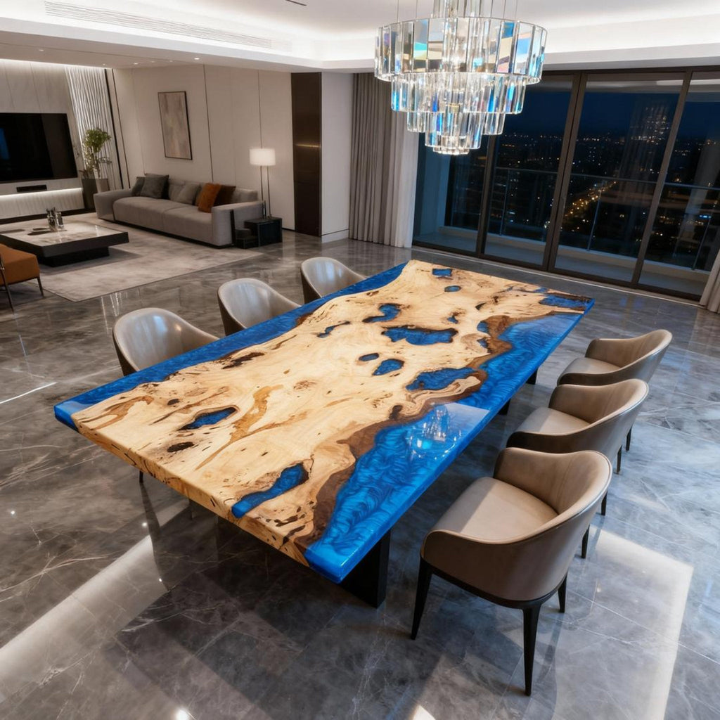 Table rivière sur mesure en bois de peuplier et résine époxy, résine bleu cobalt NQF-742