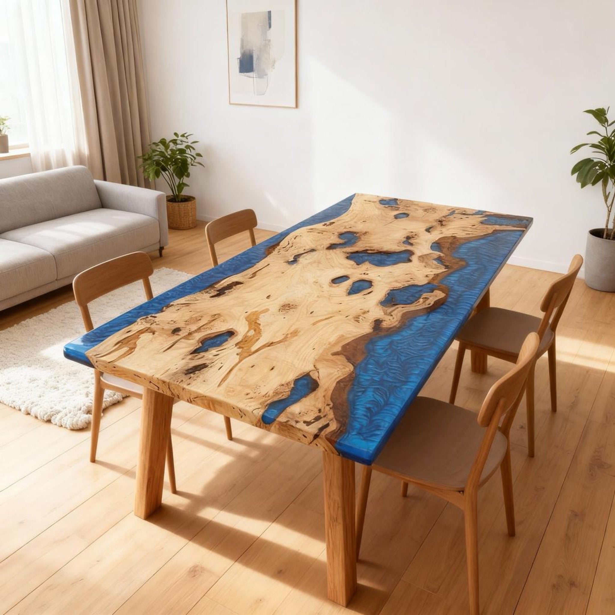 Table rivière sur mesure en bois de peuplier et résine époxy, résine bleu cobalt NQF-742
