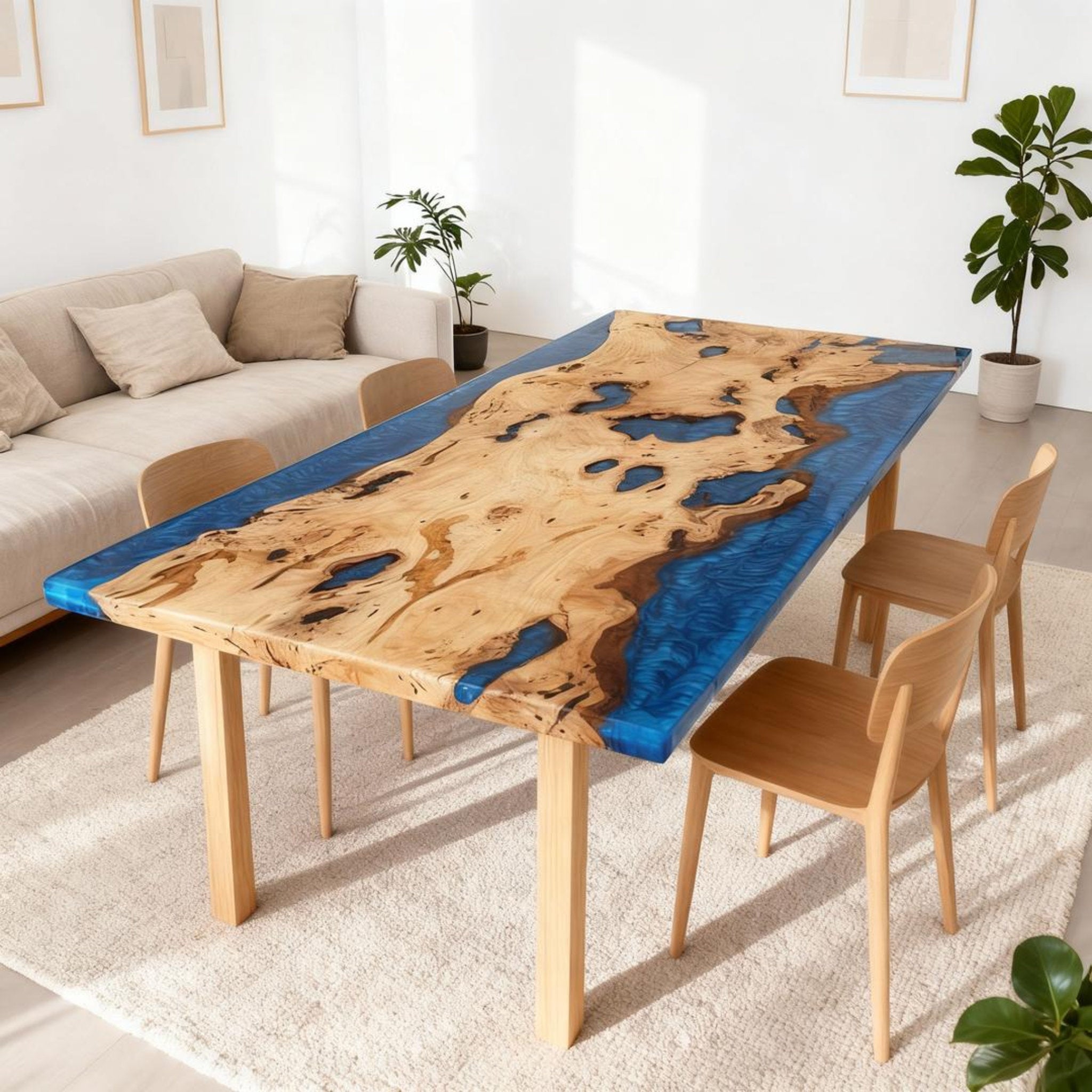 Table rivière sur mesure en bois de peuplier et résine époxy, résine bleu cobalt NQF-742