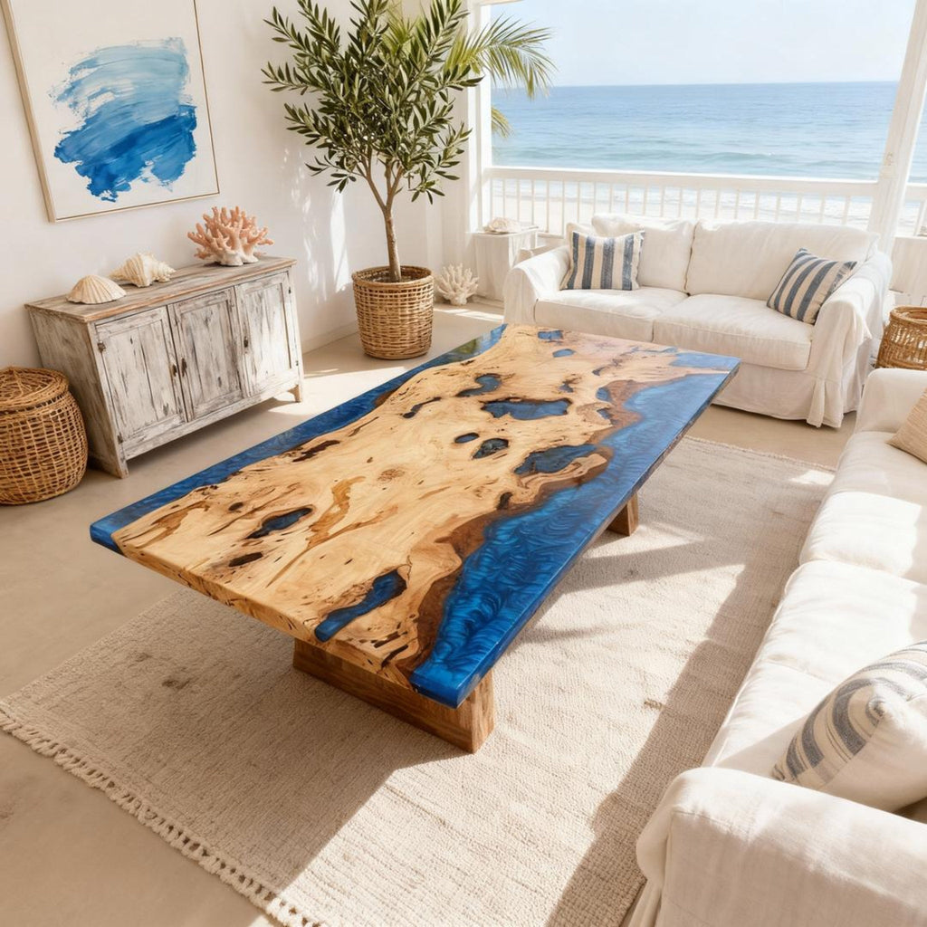 Table rivière sur mesure en bois de peuplier et résine époxy, résine bleu cobalt NQF-742