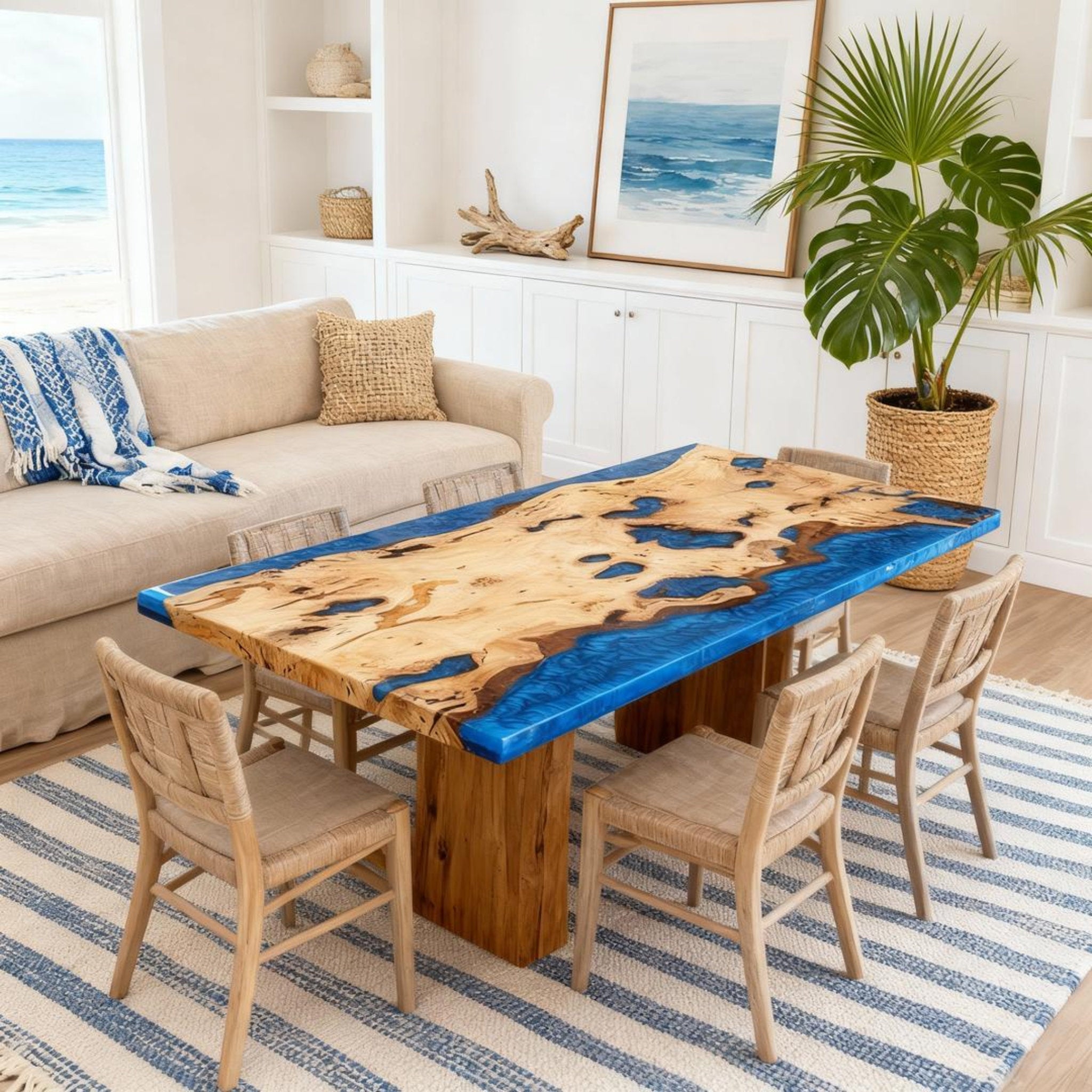 Table rivière sur mesure en bois de peuplier et résine époxy, résine bleu cobalt NQF-742