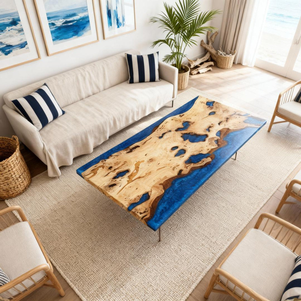 Table rivière sur mesure en bois de peuplier et résine époxy, résine bleu cobalt NQF-742