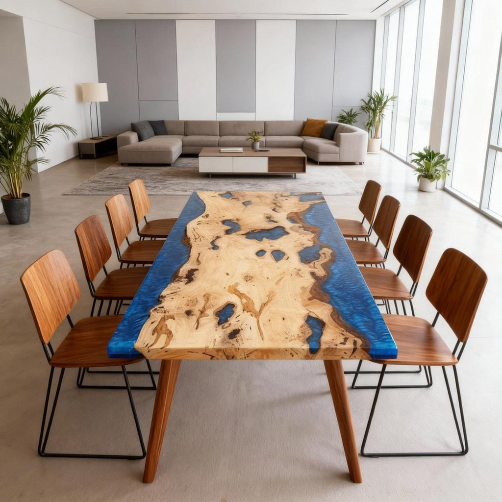 Table rivière sur mesure en bois de peuplier et résine époxy, résine bleu cobalt NQF-742
