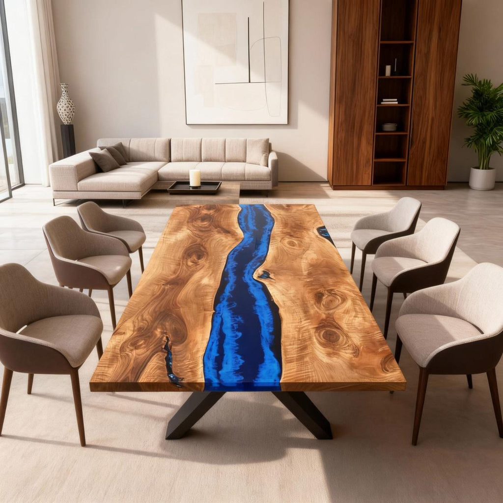 Table rivière sur mesure en bois de peuplier et résine époxy bleu cobalt VQF-728