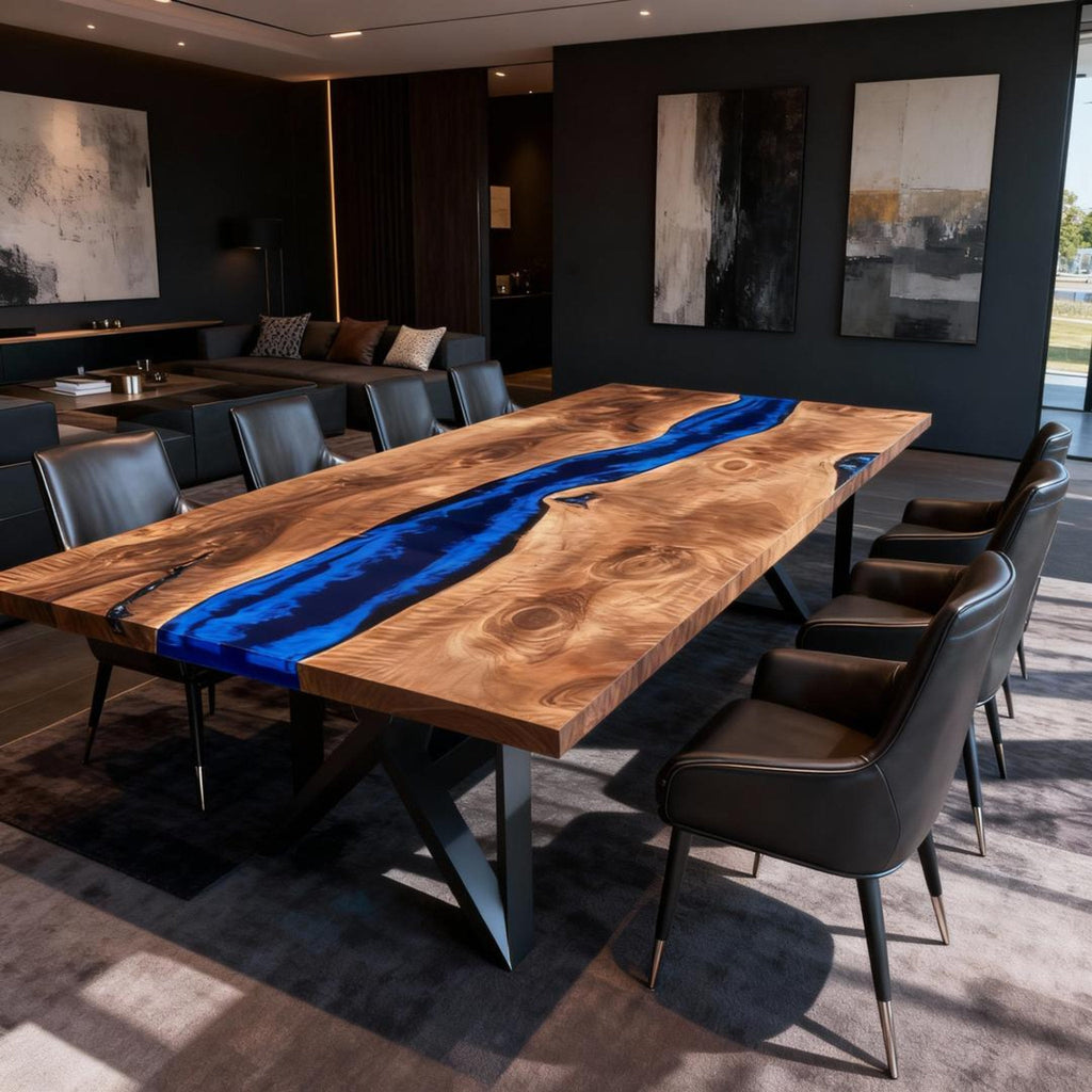 Table rivière sur mesure en bois de peuplier et résine époxy bleu cobalt VQF-728