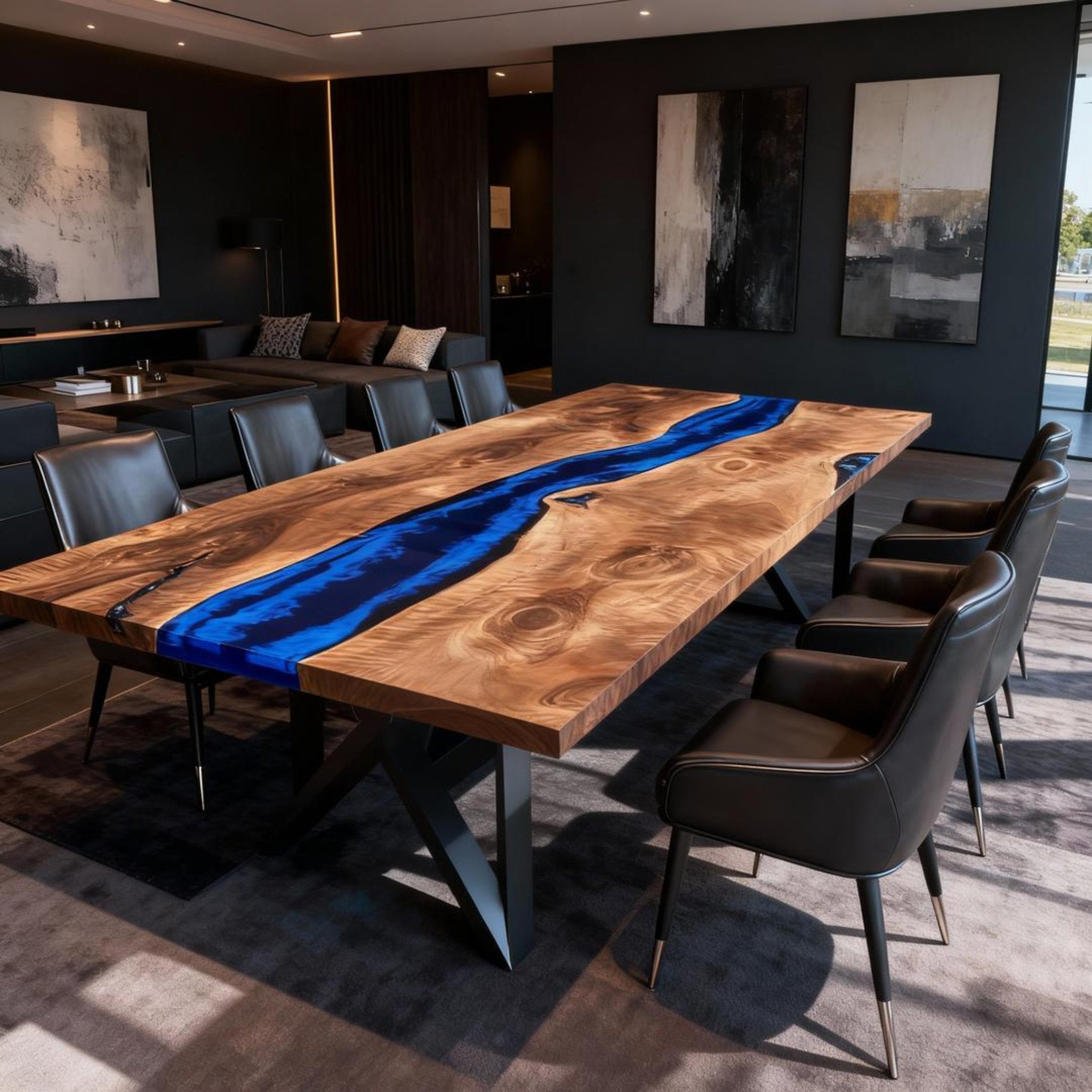 Table rivière sur mesure en bois de peuplier et résine époxy bleu cobalt VQF-728