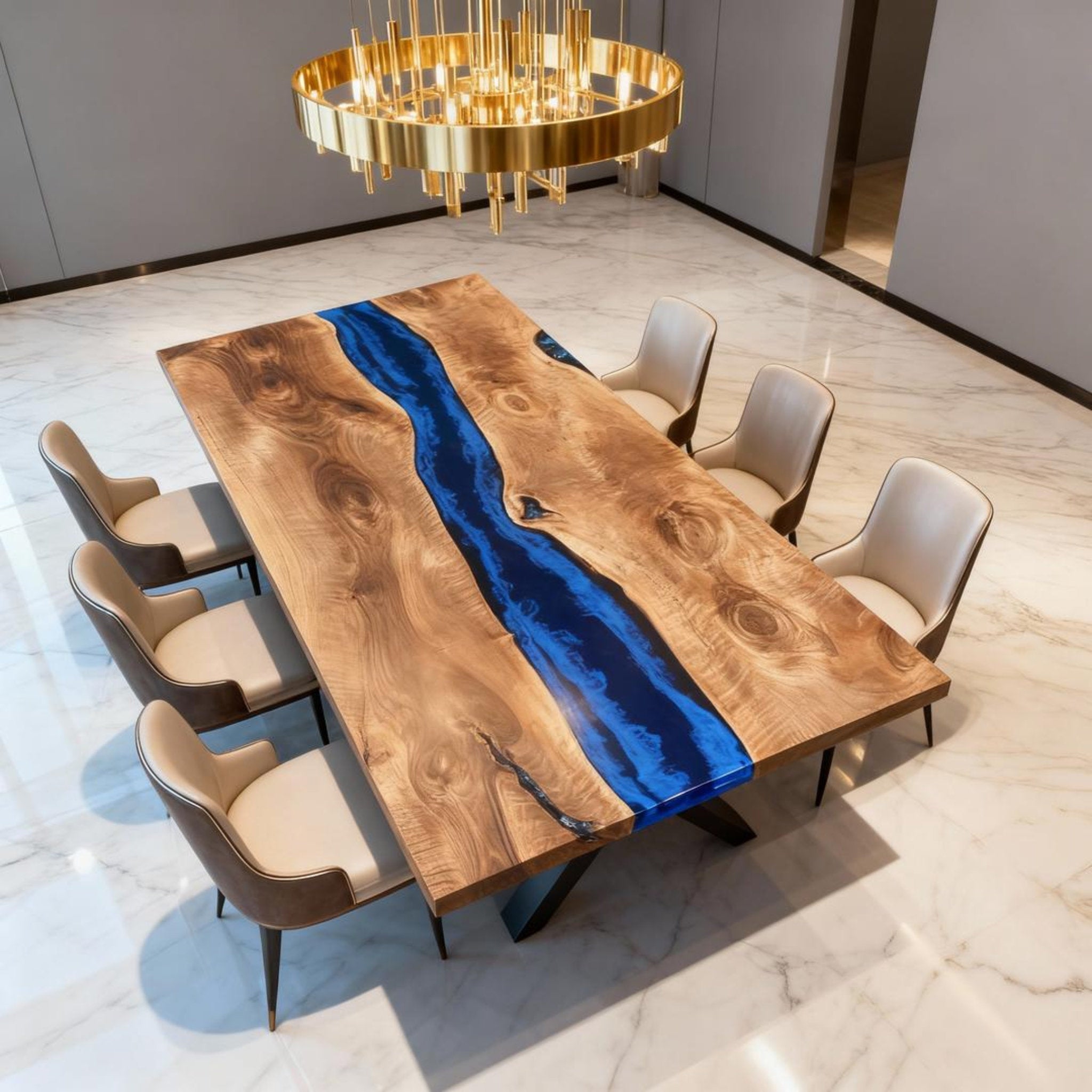 Table rivière sur mesure en bois de peuplier et résine époxy bleu cobalt VQF-728