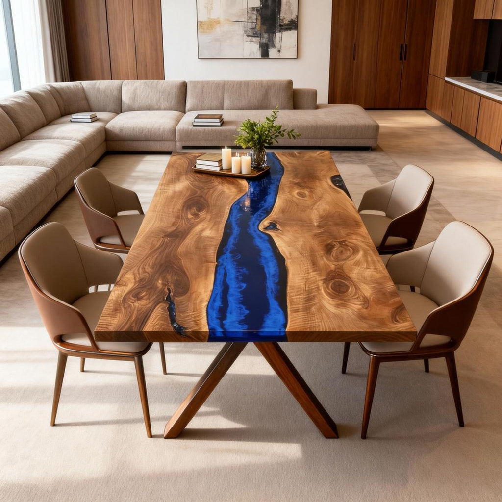 Table rivière sur mesure en bois de peuplier et résine époxy bleu cobalt VQF-728