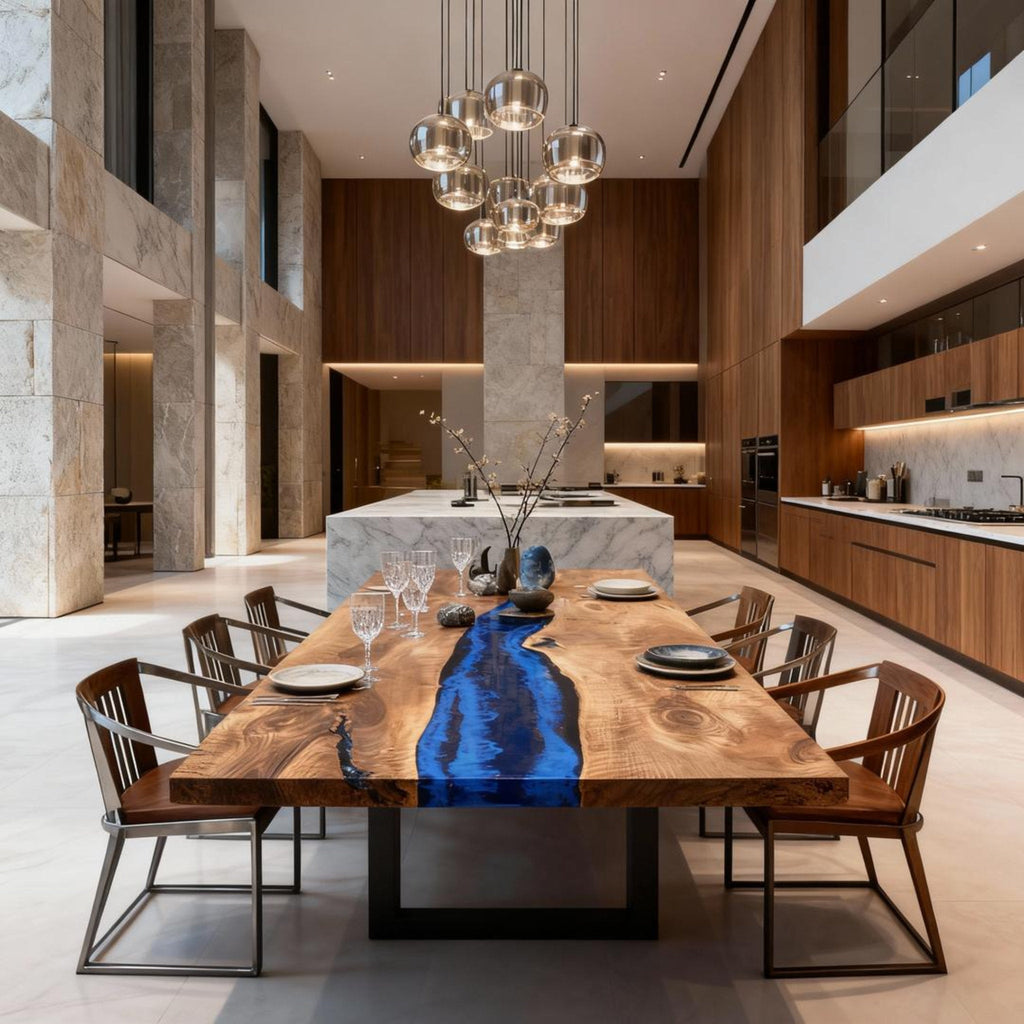 Table rivière sur mesure en bois de peuplier et résine époxy bleu cobalt VQF-728