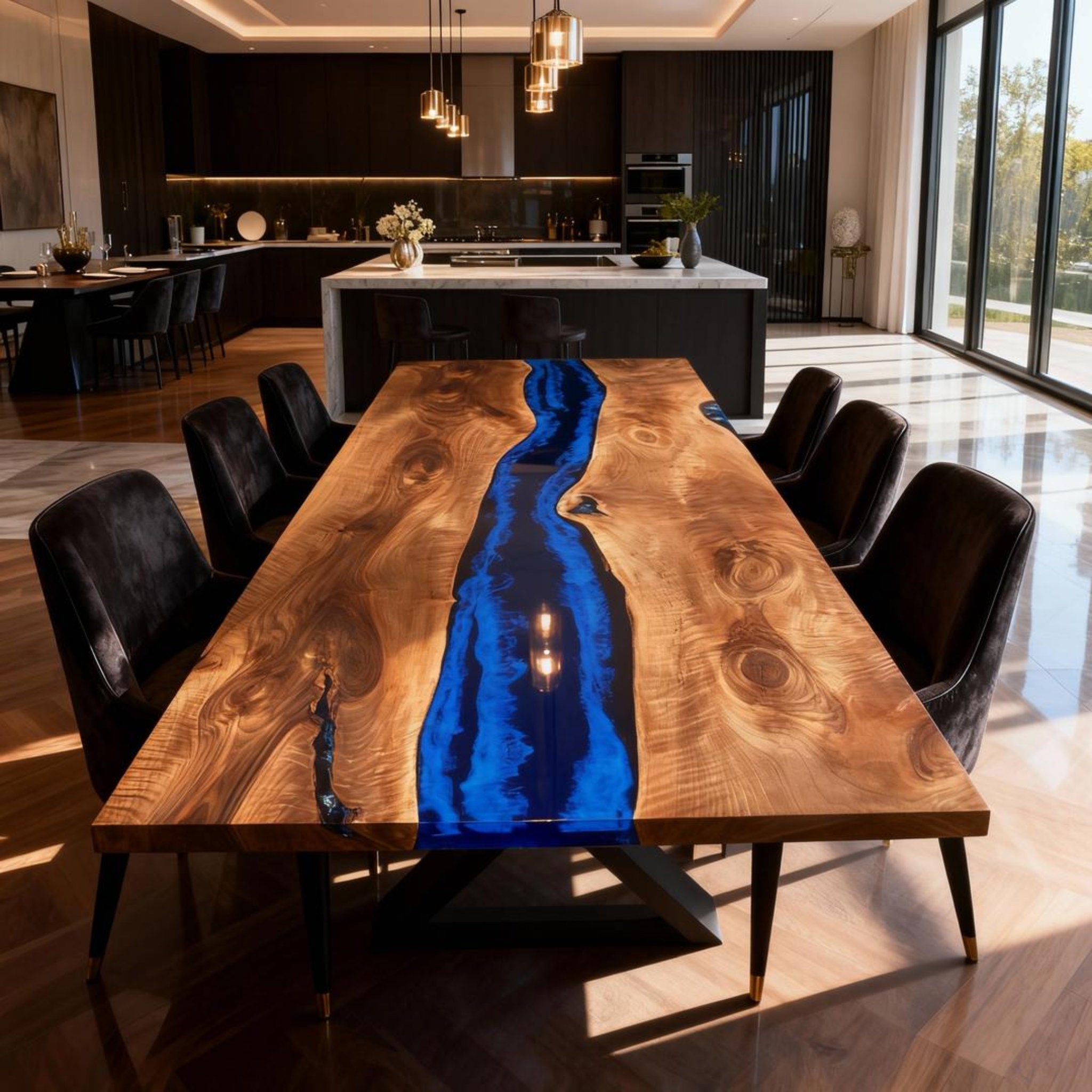 Table rivière sur mesure en bois de peuplier et résine époxy bleu cobalt VQF-728