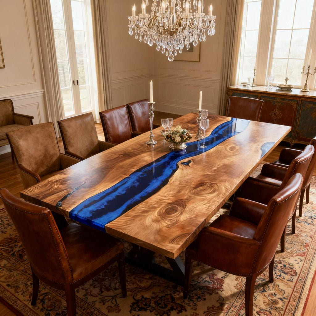 Table rivière sur mesure en bois de peuplier et résine époxy bleu cobalt VQF-728