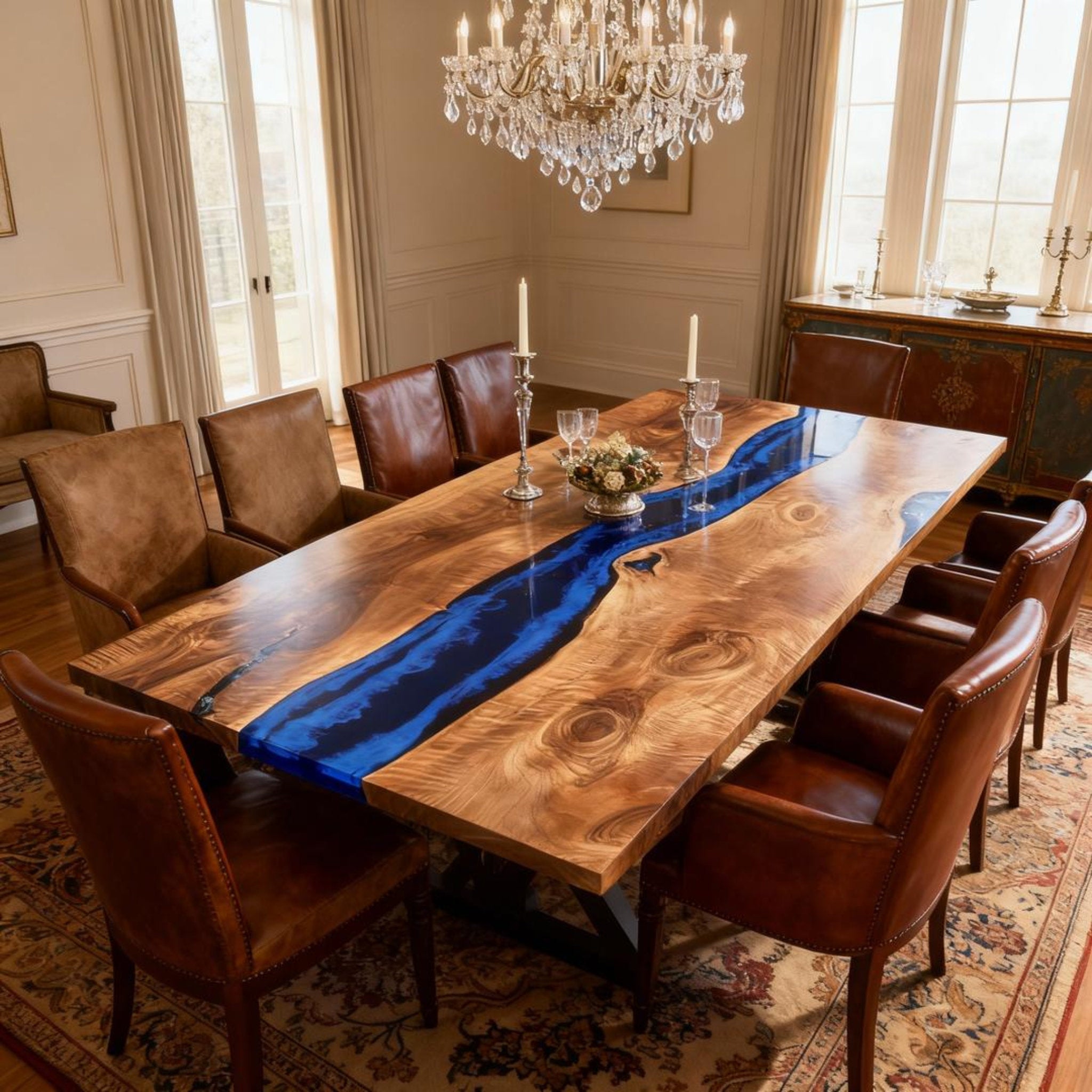 Table rivière sur mesure en bois de peuplier et résine époxy bleu cobalt VQF-728