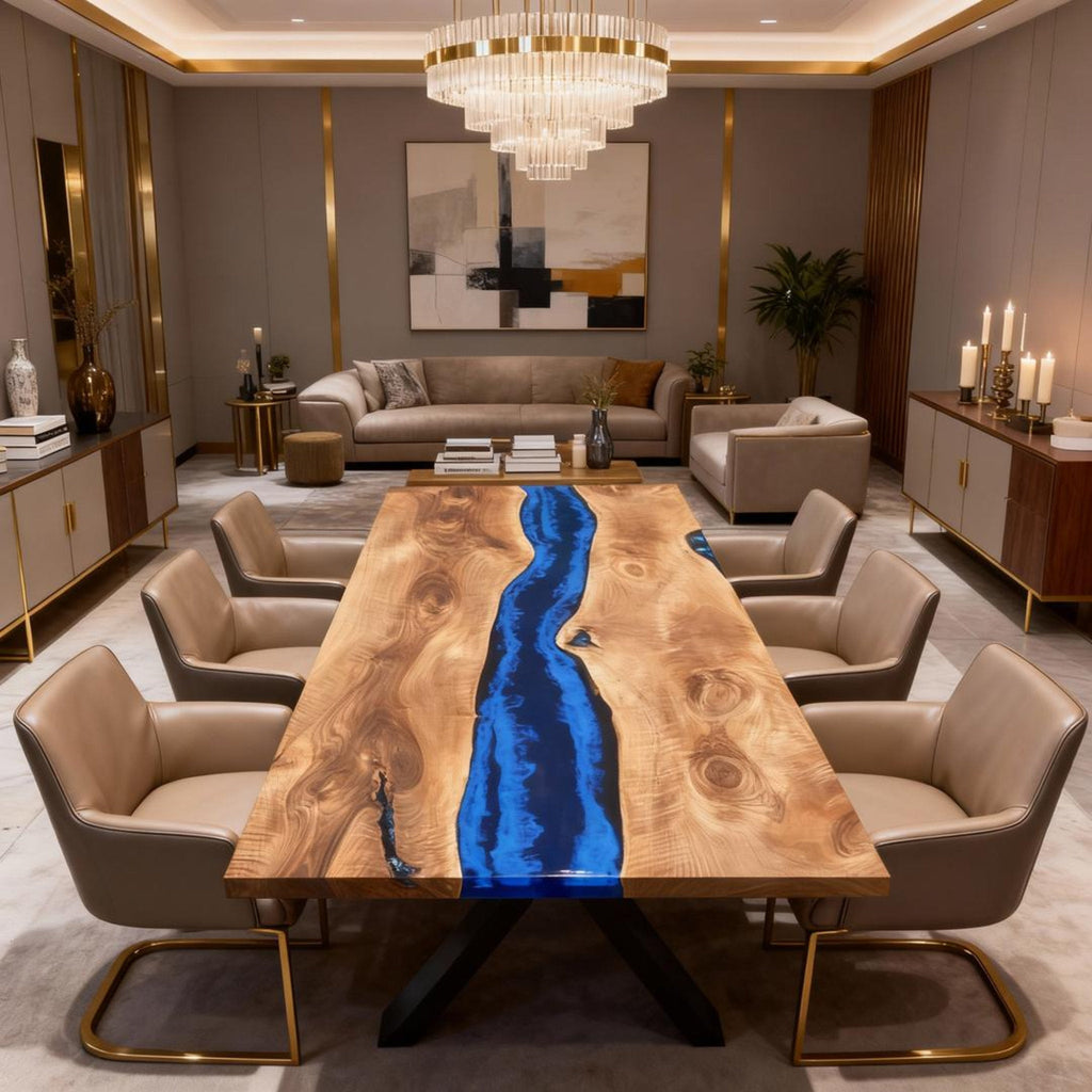 Table rivière sur mesure en bois de peuplier et résine époxy bleu cobalt VQF-728