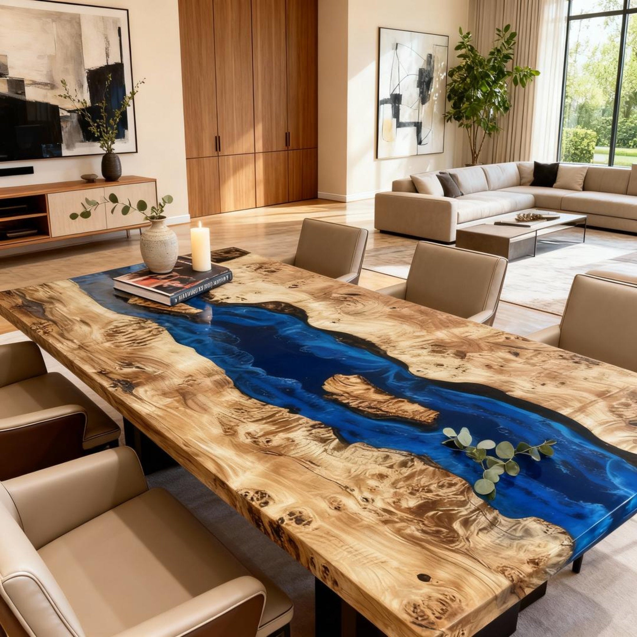 Table rivière sur mesure en bois de peuplier et résine époxy, coloris cobalt à saphir, référence VQJ-683