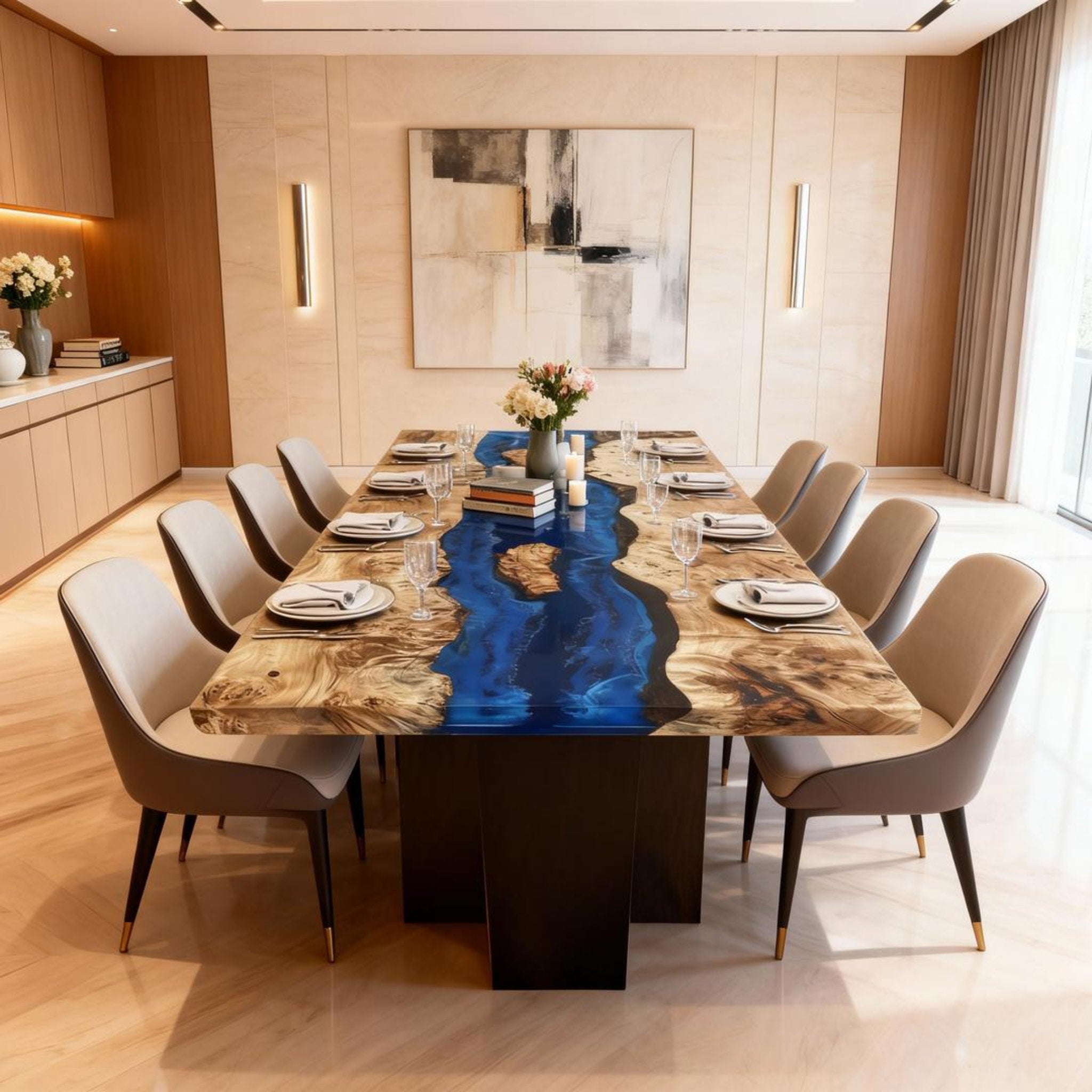 Table rivière sur mesure en bois de peuplier et résine époxy, coloris cobalt à saphir, référence VQJ-683