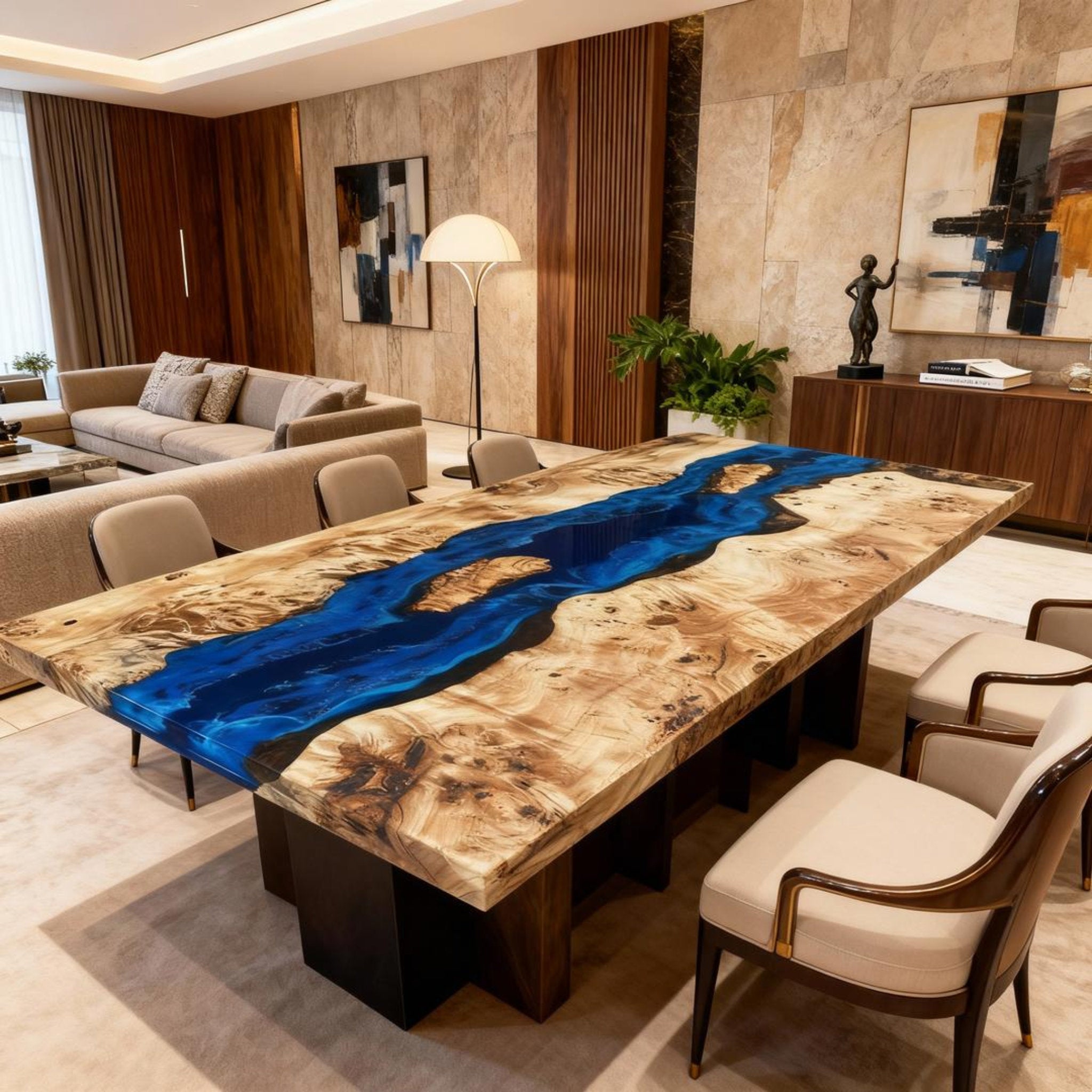 Table rivière sur mesure en bois de peuplier et résine époxy, coloris cobalt à saphir, référence VQJ-683