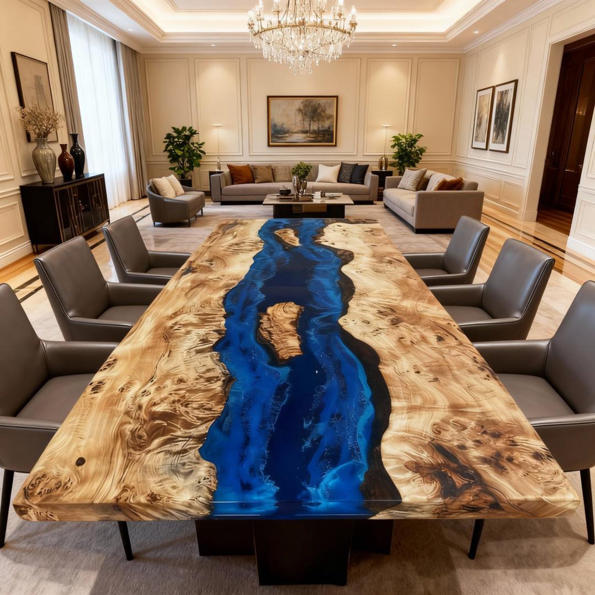 Table rivière sur mesure en bois de peuplier et résine époxy, coloris cobalt à saphir, référence VQJ-683