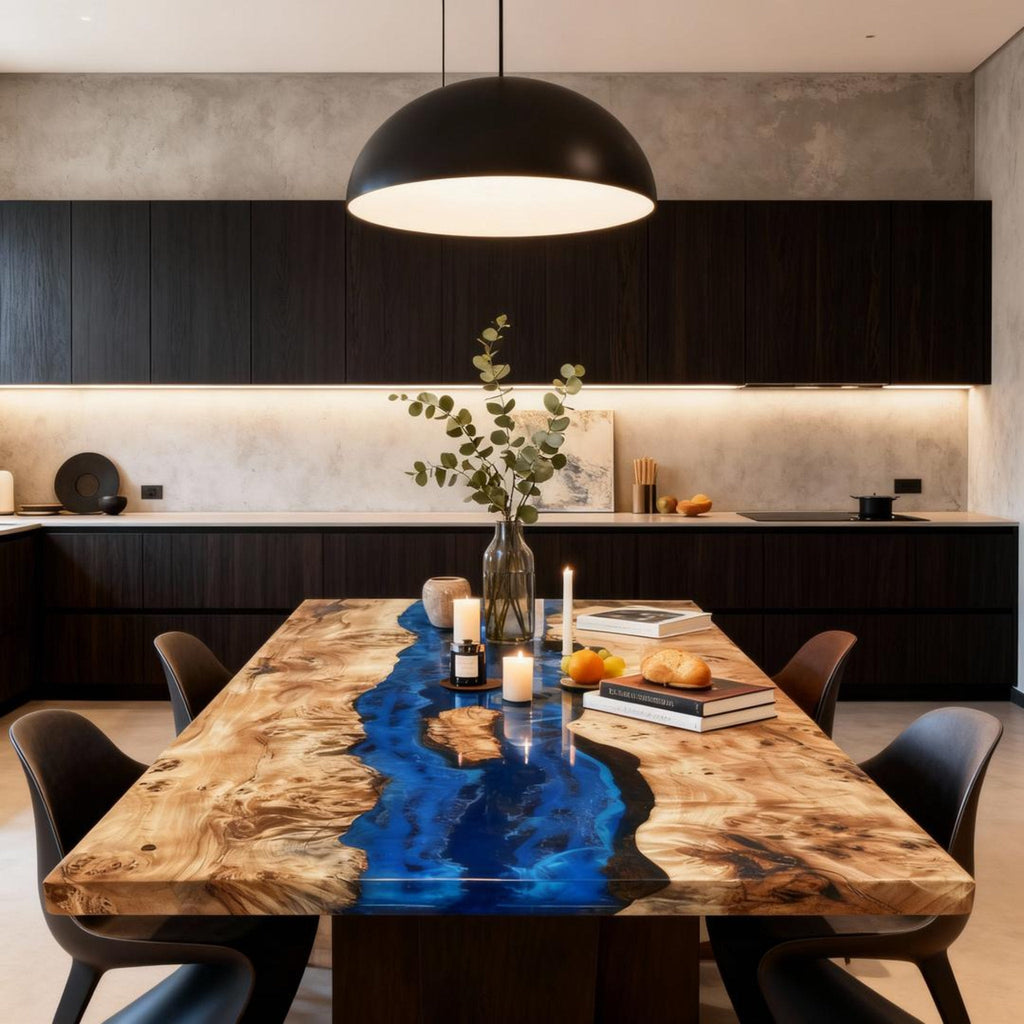 Custom Poplar Wood Epoxy Resin River Table Cobalt To Sapphire Resin VQJ-683