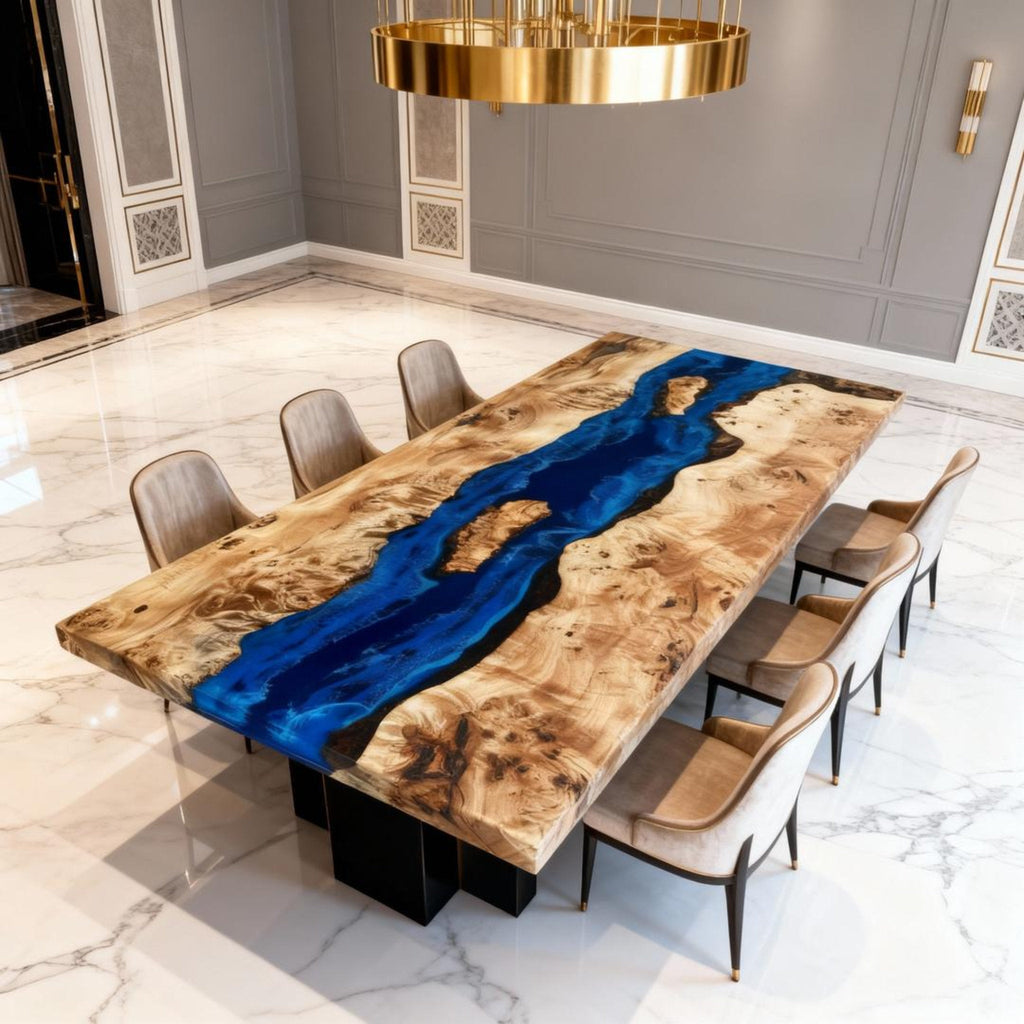 Custom Poplar Wood Epoxy Resin River Table Cobalt To Sapphire Resin VQJ-683