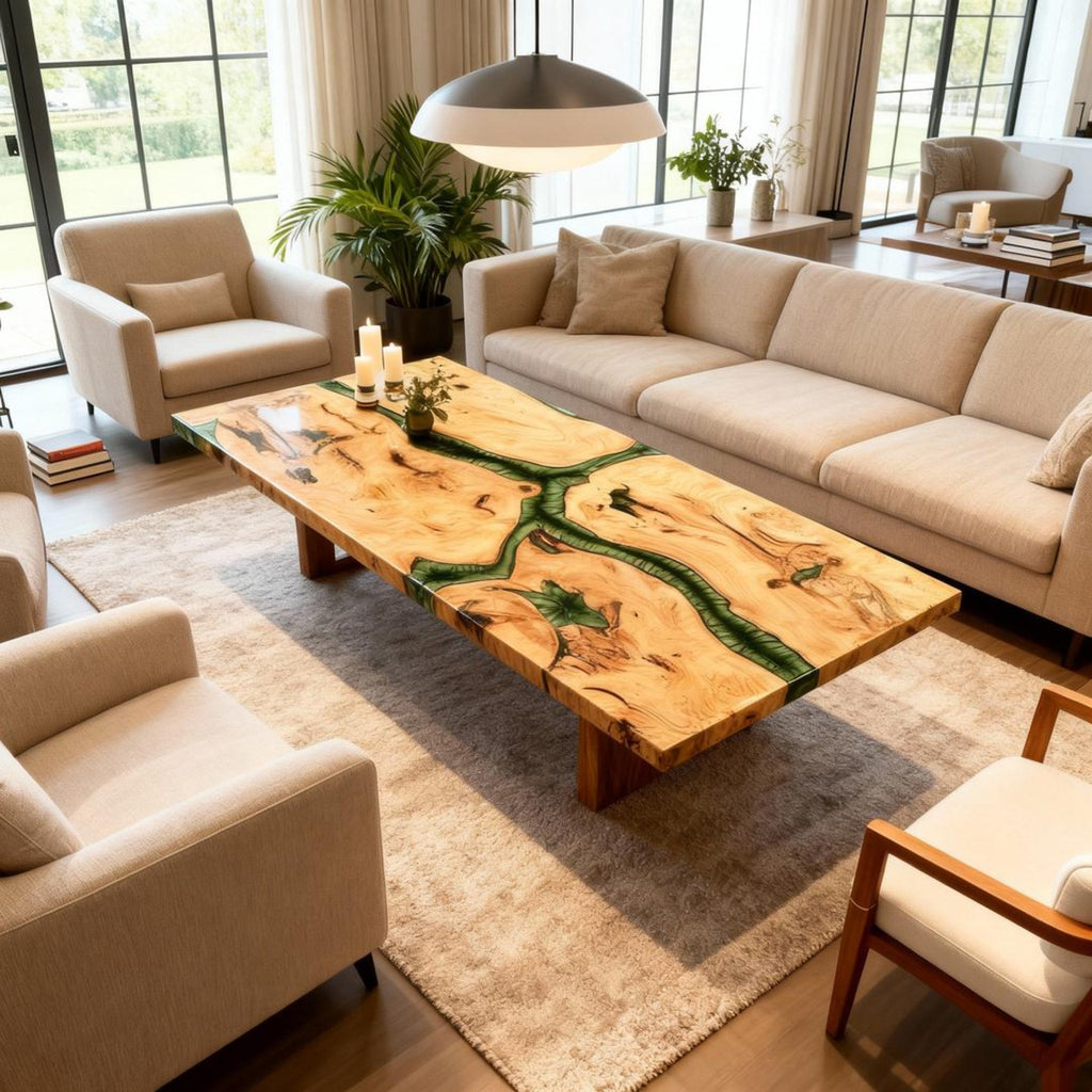 Table rivière personnalisée en bois de peuplier et résine époxy, vert émeraude GNS-482