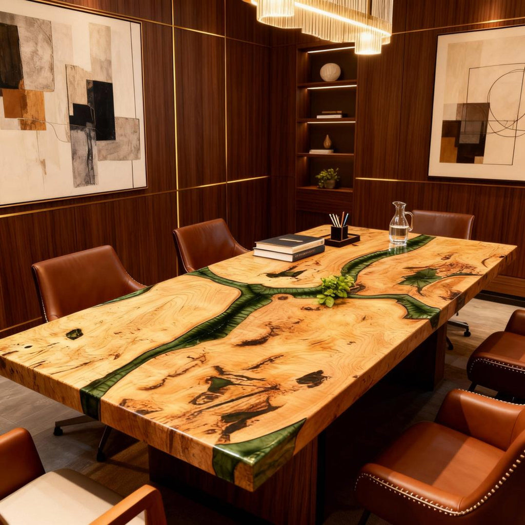 Table rivière personnalisée en bois de peuplier et résine époxy, vert émeraude GNS-482