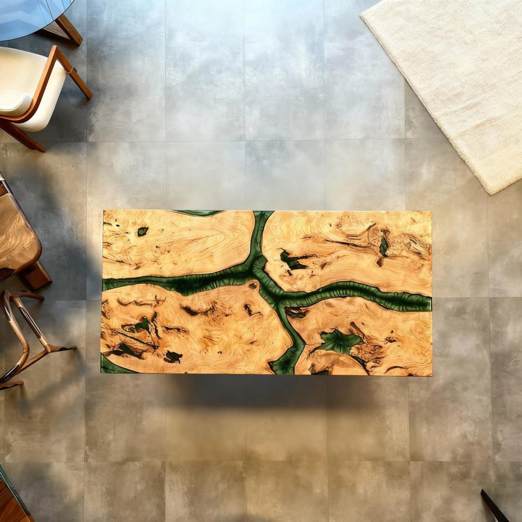 Table rivière personnalisée en bois de peuplier et résine époxy, vert émeraude GNS-482
