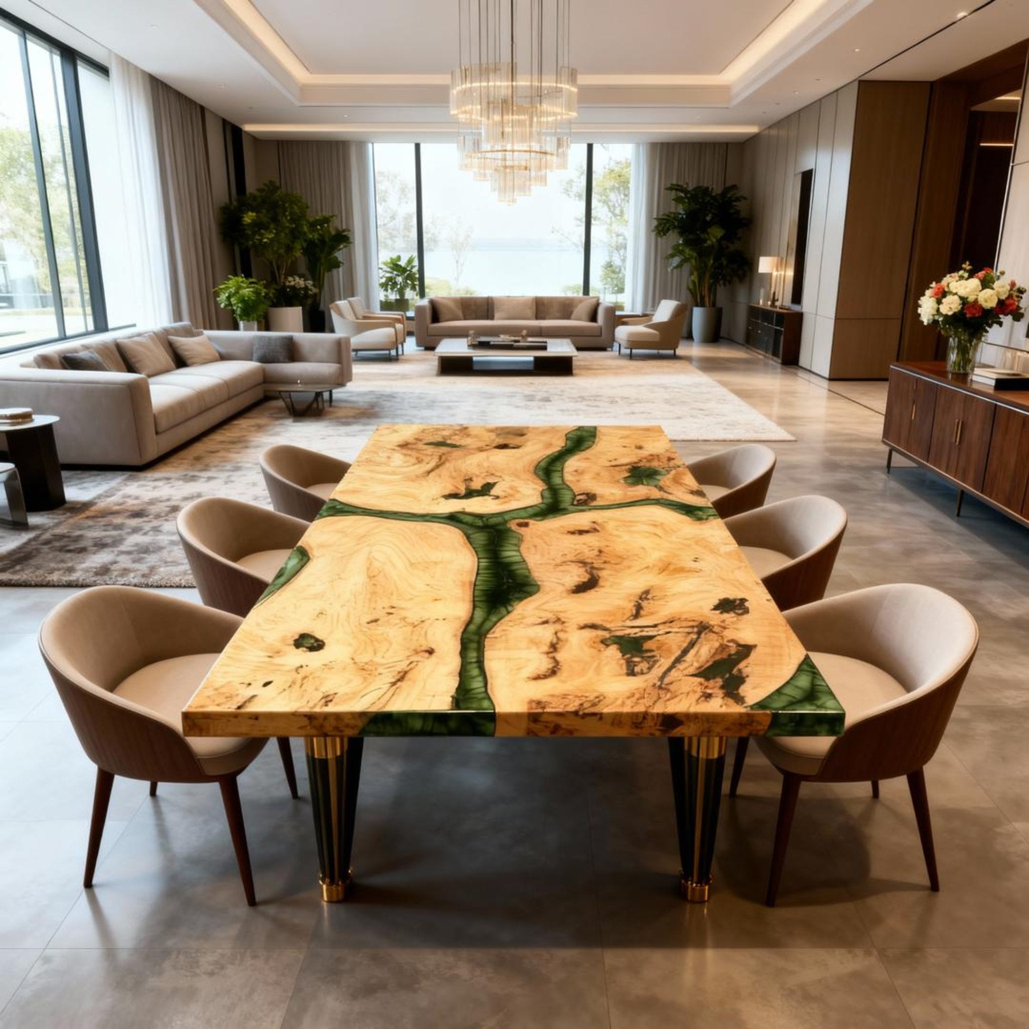 Table rivière personnalisée en bois de peuplier et résine époxy, vert émeraude GNS-482